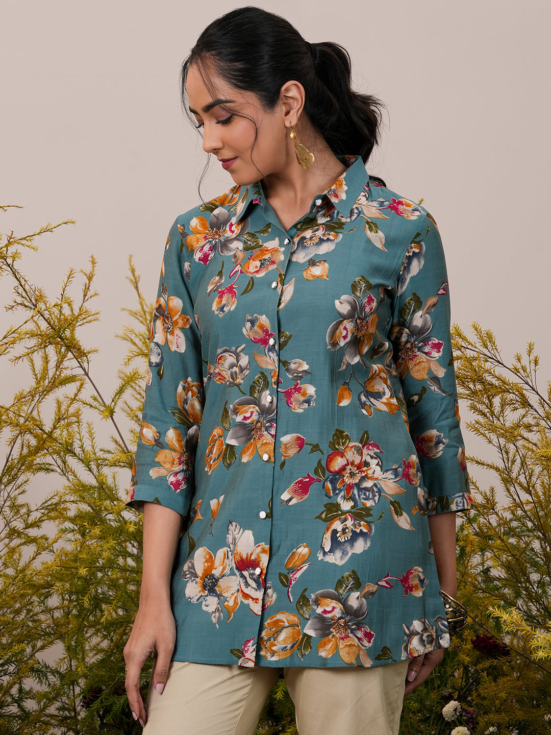 Blue Printed Silk Blend A-Line Kurti