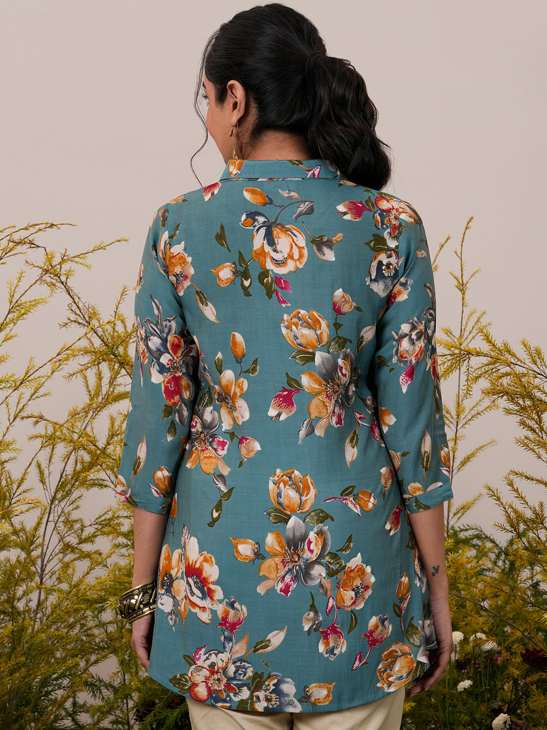 Blue Printed Silk Blend A-Line Kurti