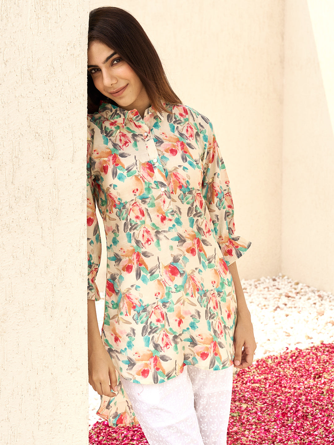 Cream Printed Silk Blend Pathani Kurti