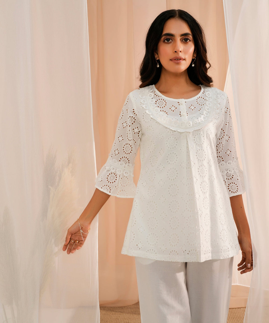 White Embroidered Cotton A-Line Kurti