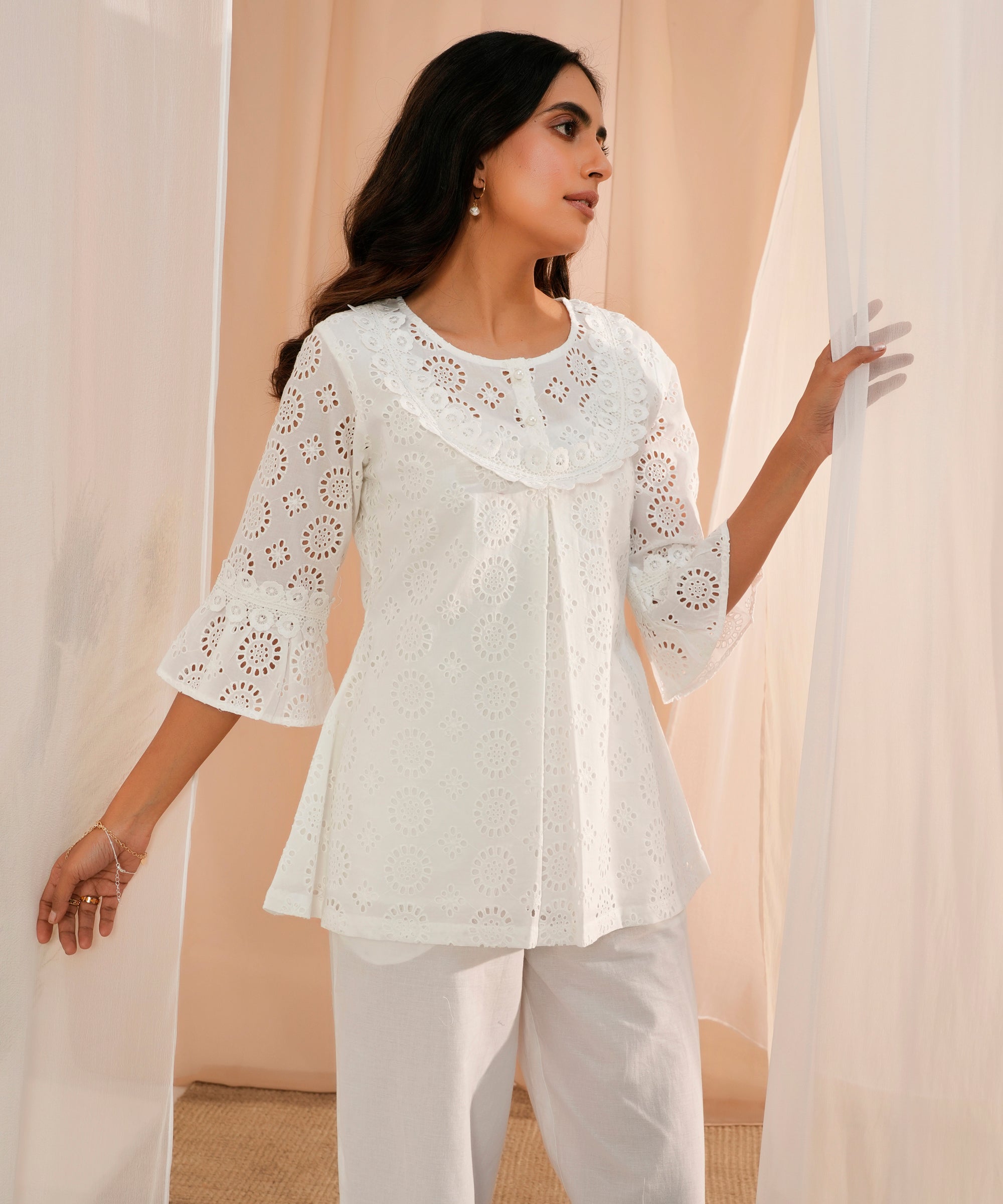 White Embroidered Cotton A-Line Kurti