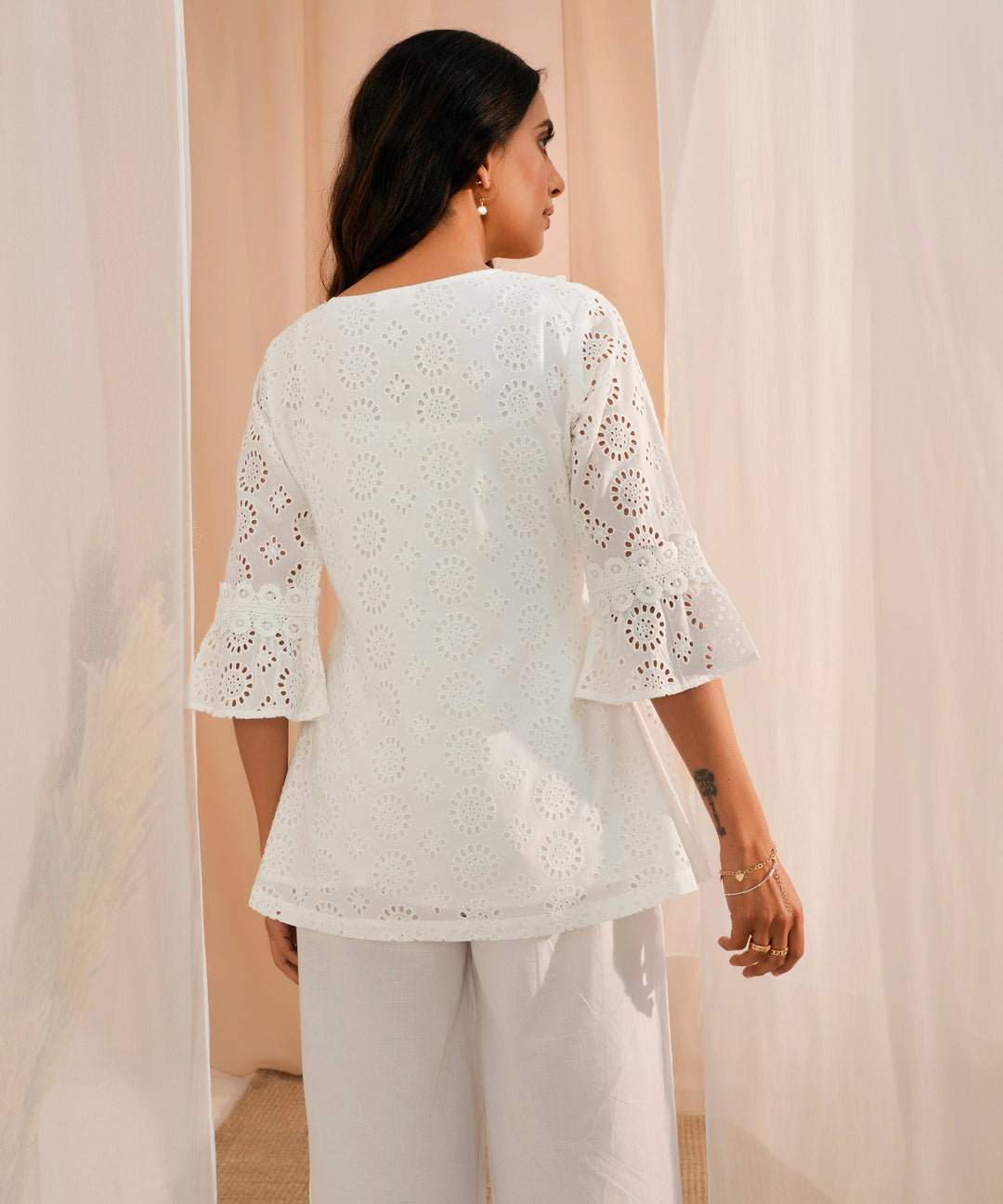 White Embroidered Cotton A-Line Kurti