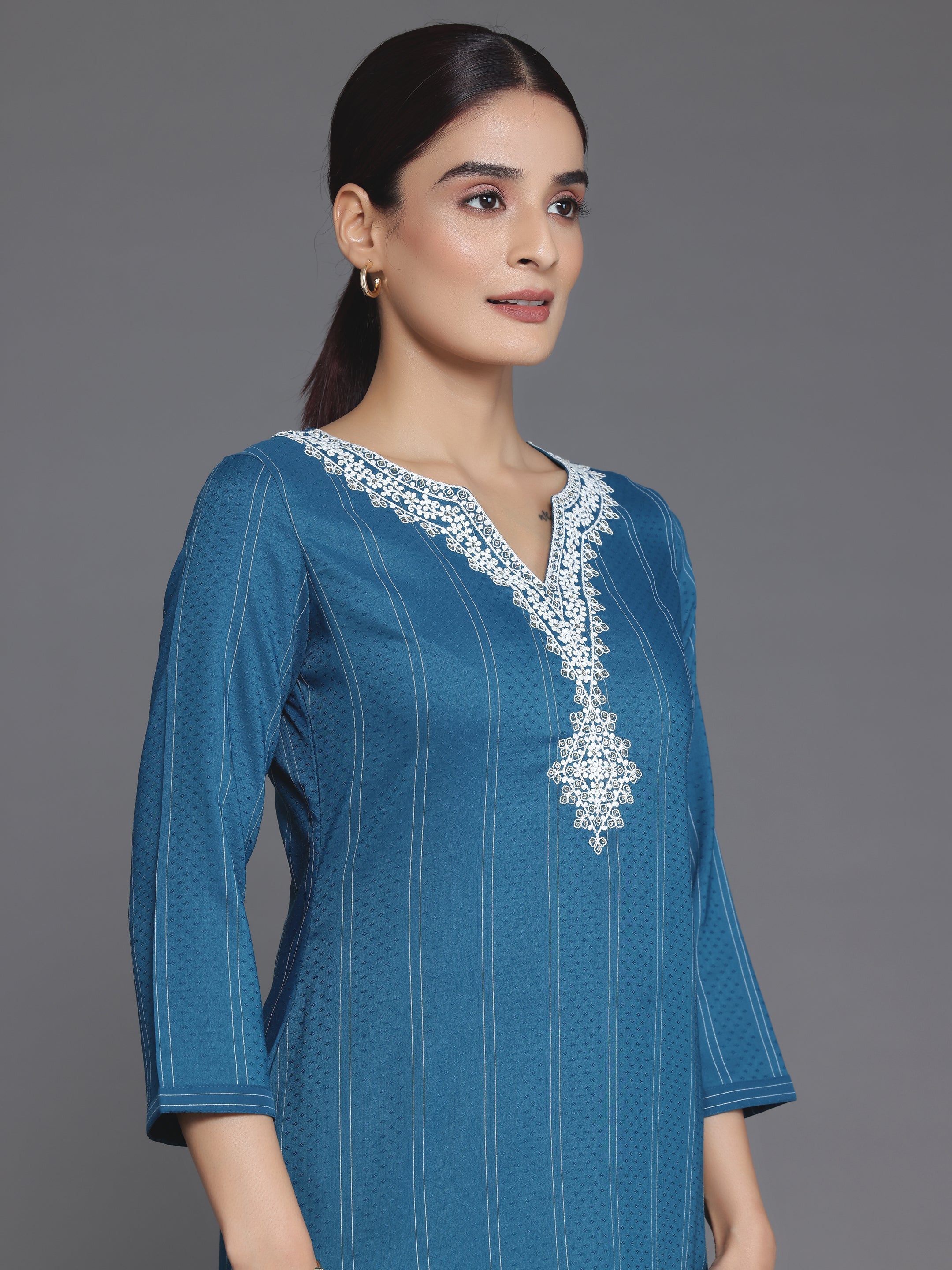 Teal Yoke Design Silk Straight Kurta