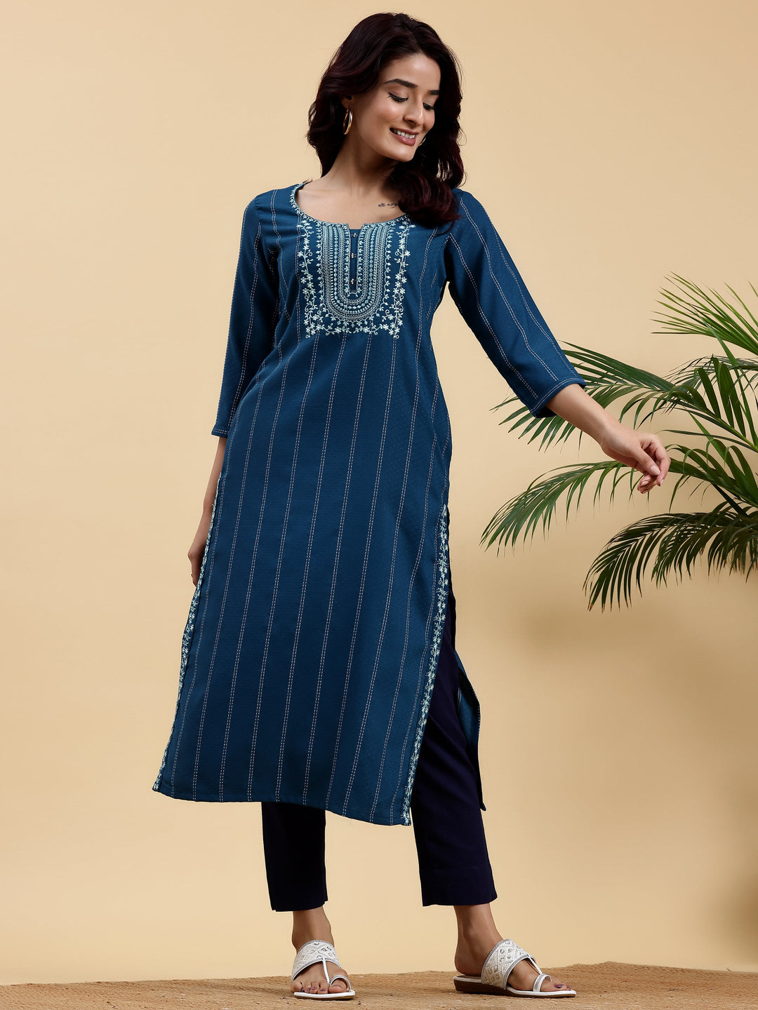 Teal Blue Yoke Design Silk Straight Kurta