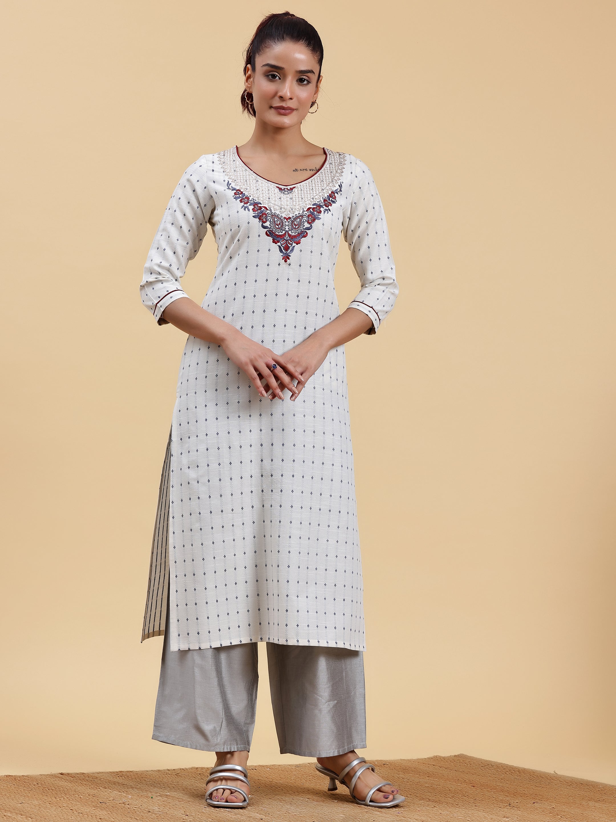 Off White Yoke Design Cotton Straight Kurta