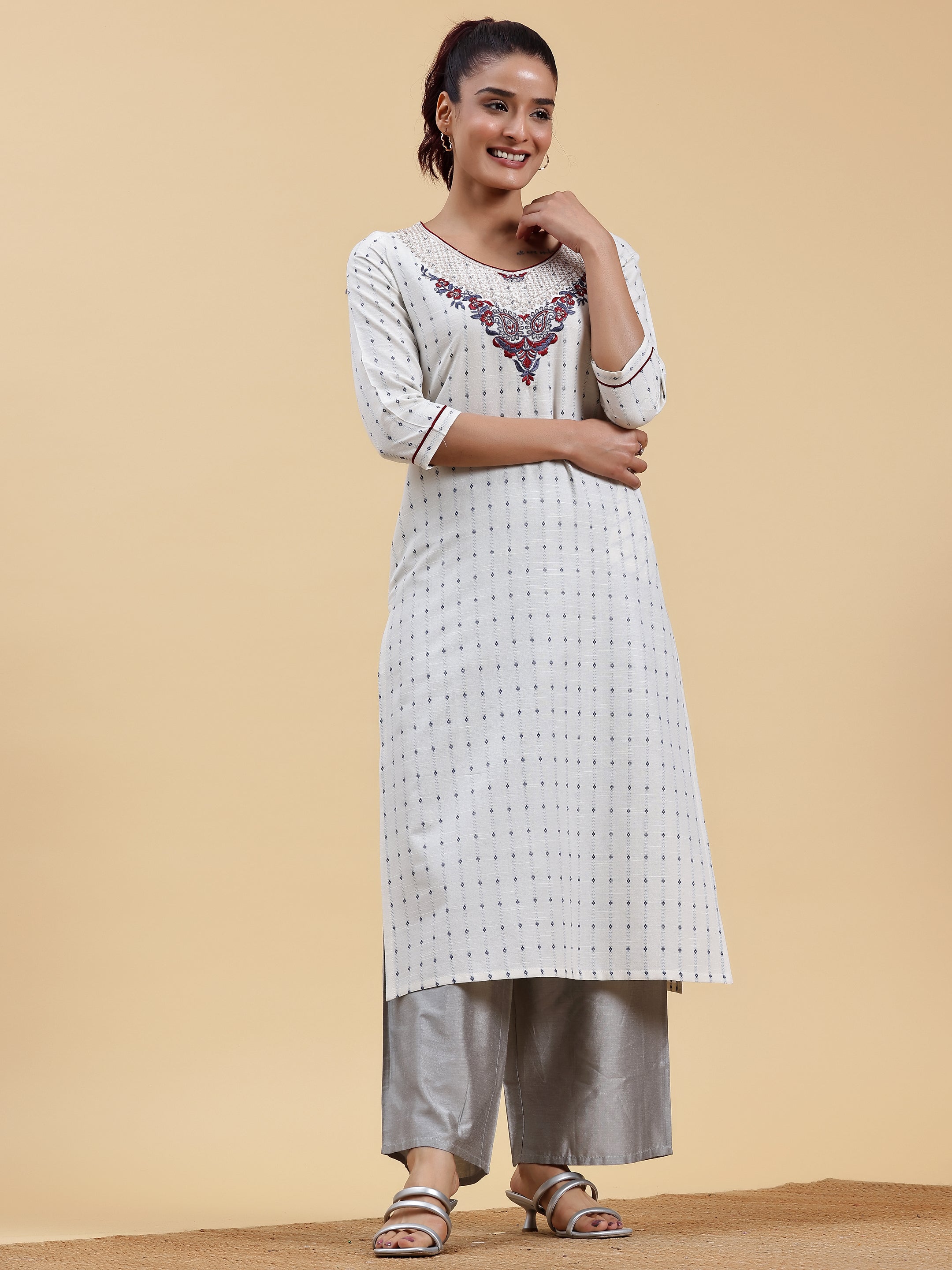 Off White Yoke Design Cotton Straight Kurta