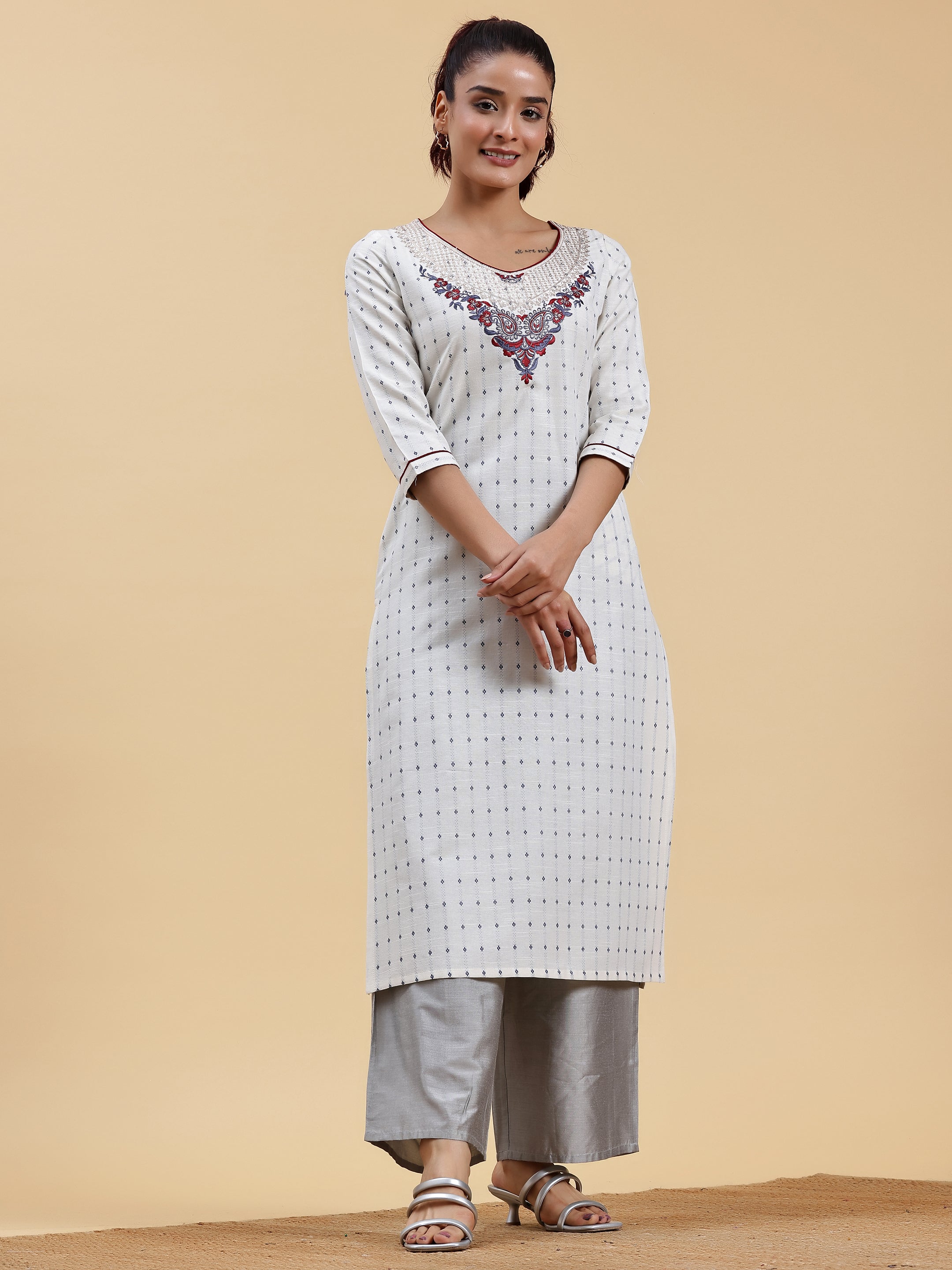 Off White Yoke Design Cotton Straight Kurta