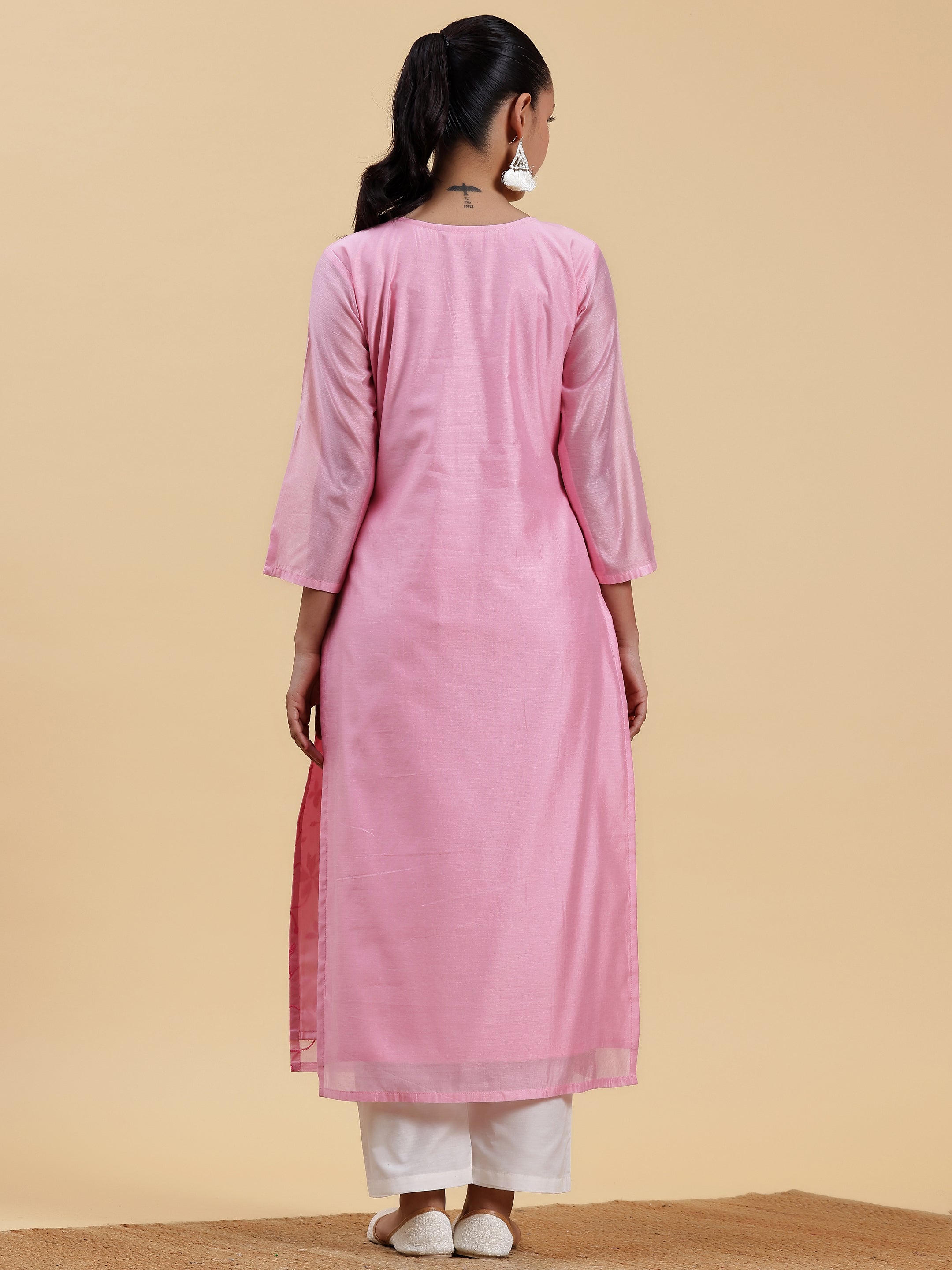 Pink Embroidered Silk Straight Kurta