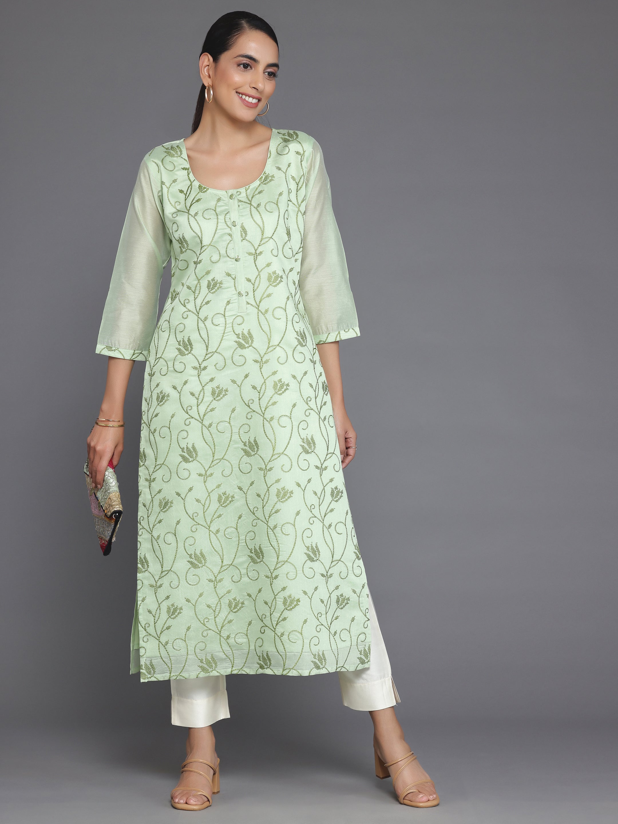 Green Embroidered Silk Straight Kurta