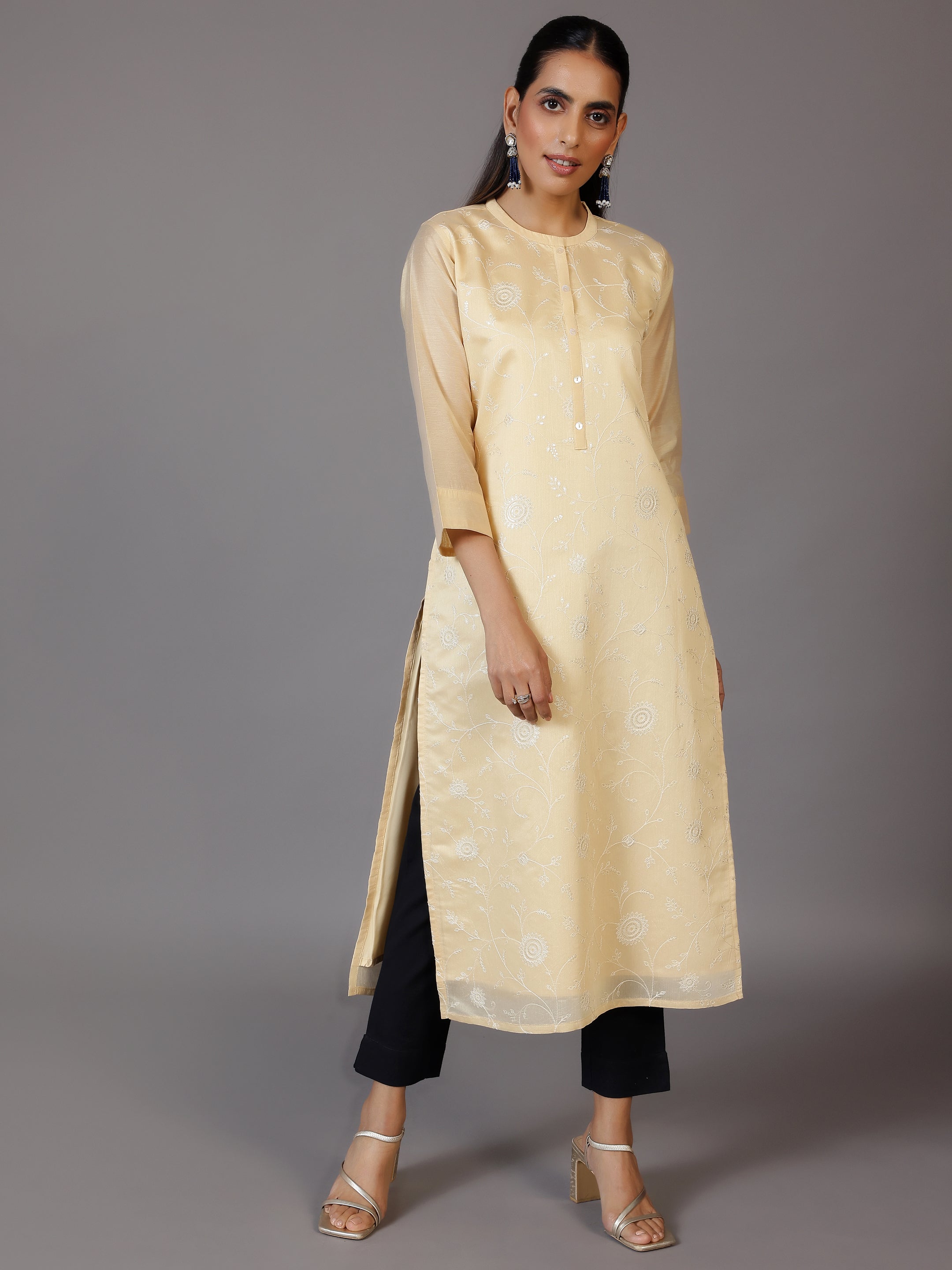 Gold Embroidered Silk Straight Kurta