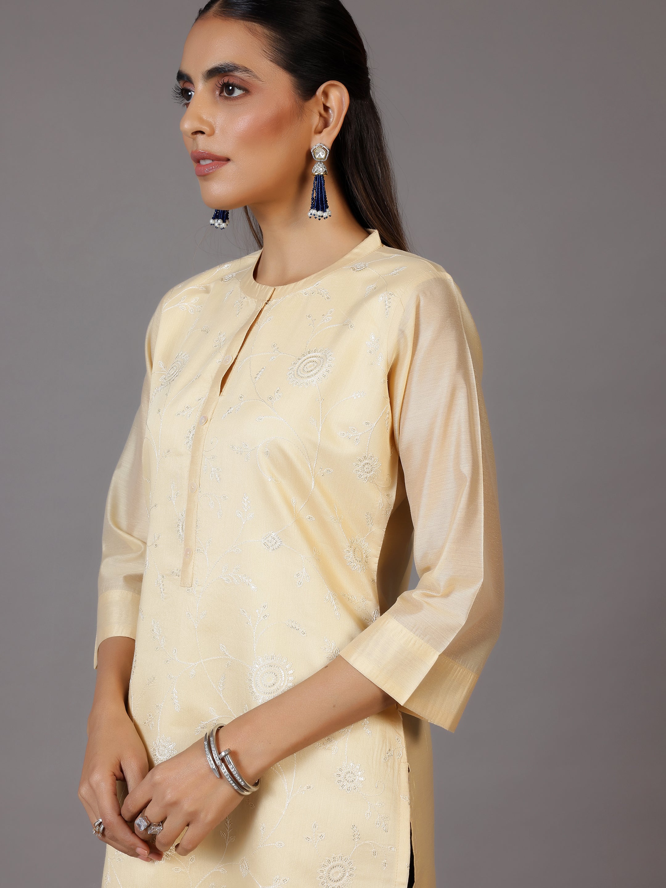 Gold Embroidered Silk Straight Kurta