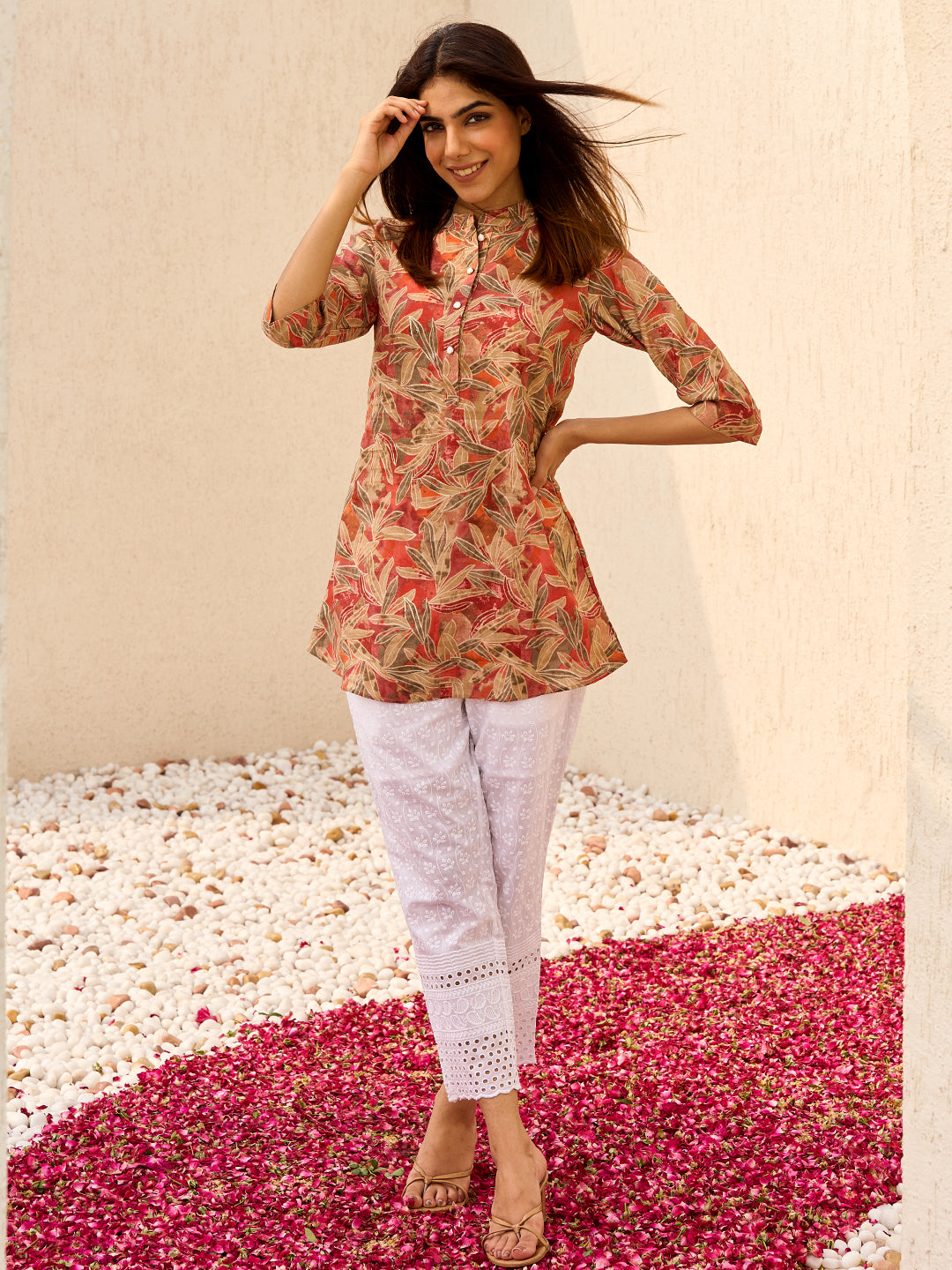 Beige Printed Silk Blend Straight Kurti