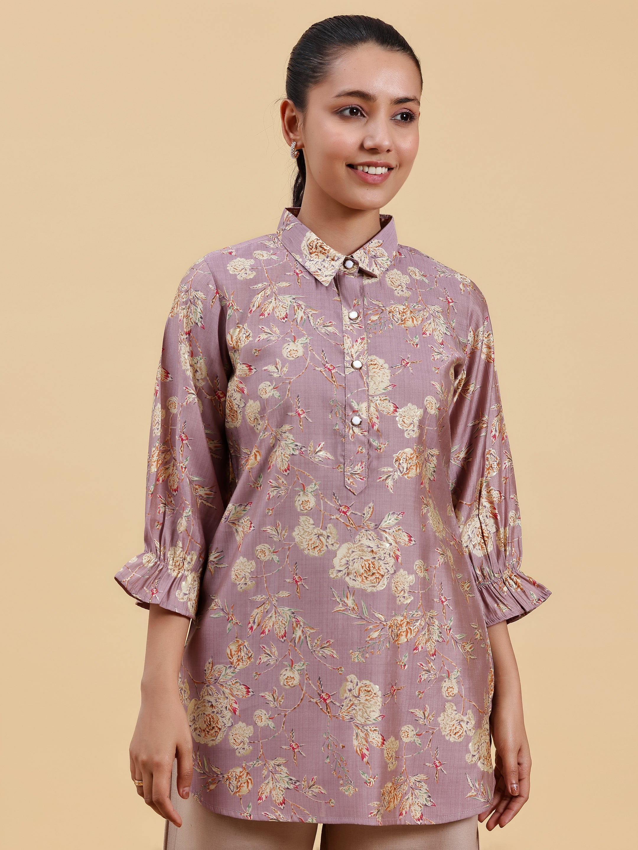 Mauve Printed Silk Blend Straight Kurti