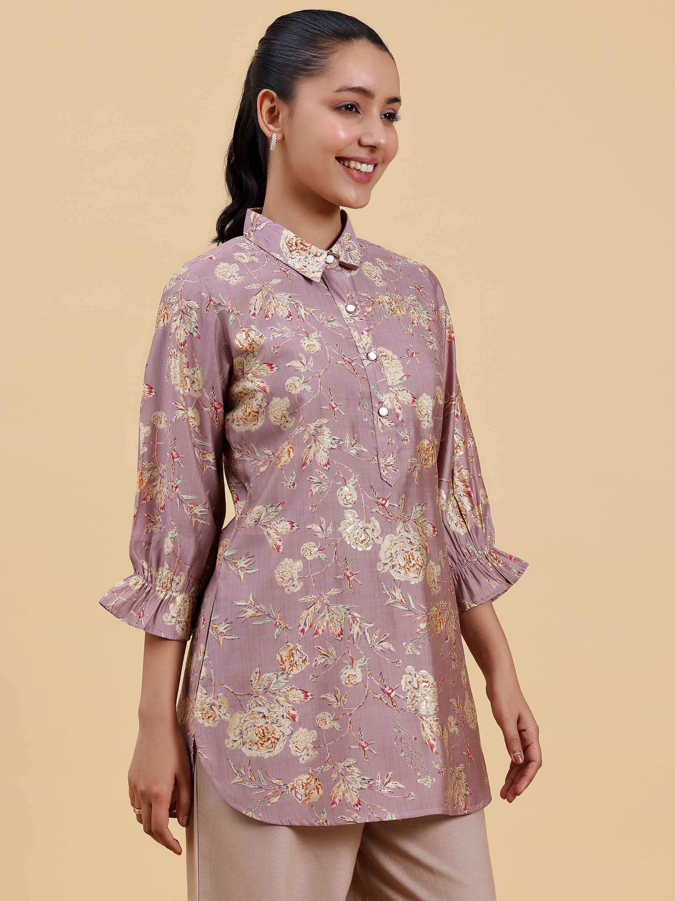 Mauve Printed Silk Blend Straight Kurti