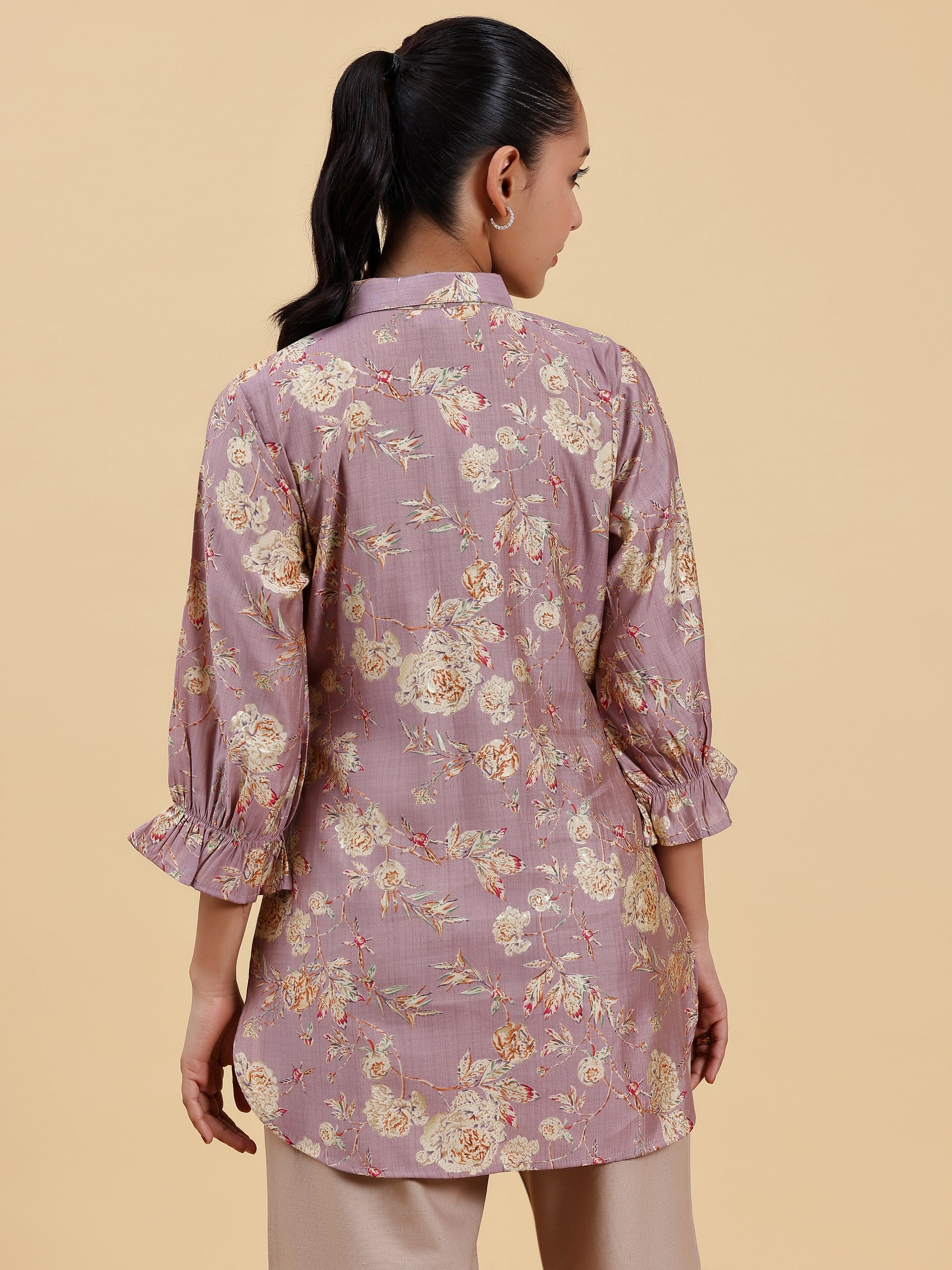 Mauve Printed Silk Blend Straight Kurti