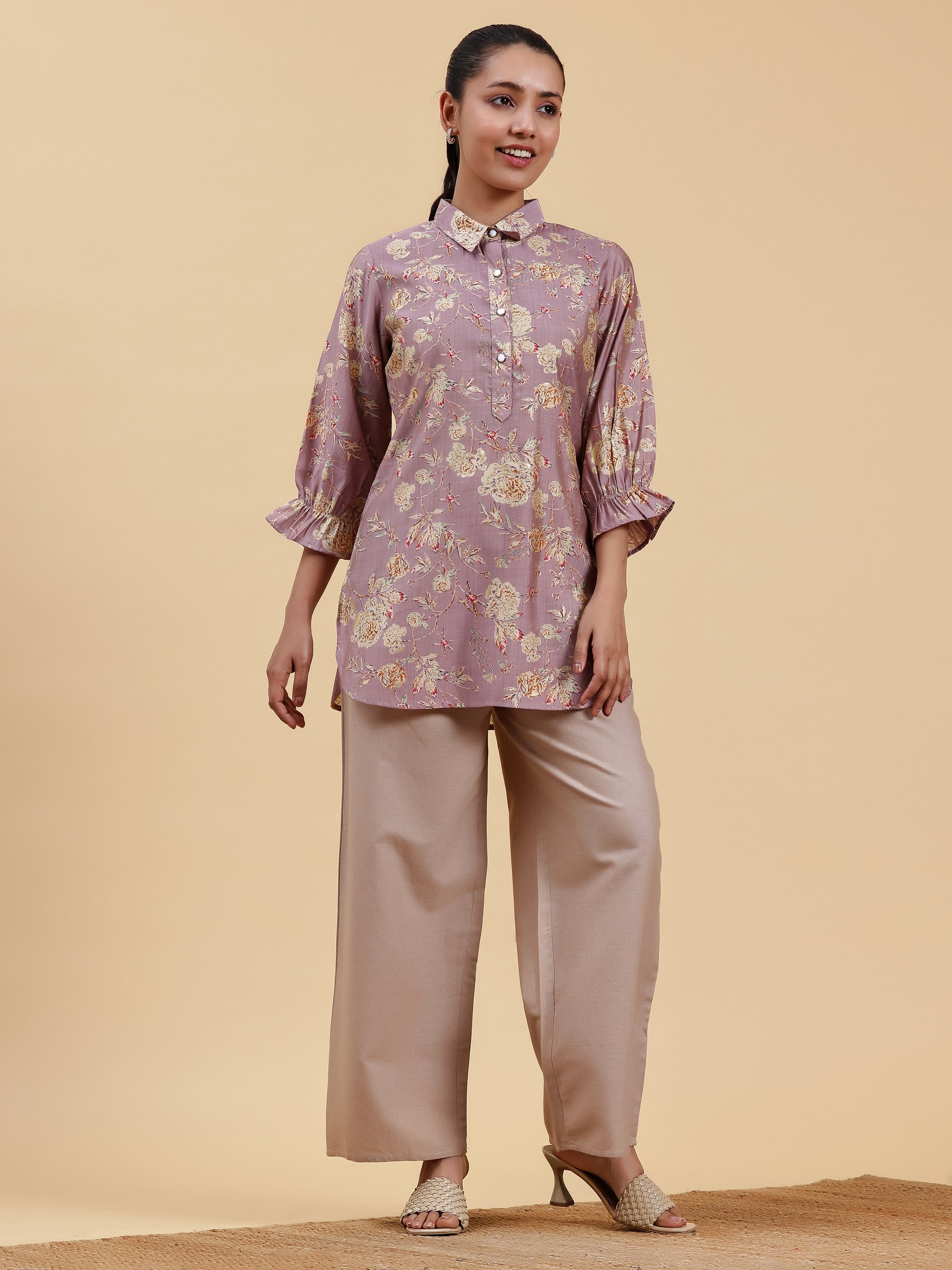 Mauve Printed Silk Blend Straight Kurti