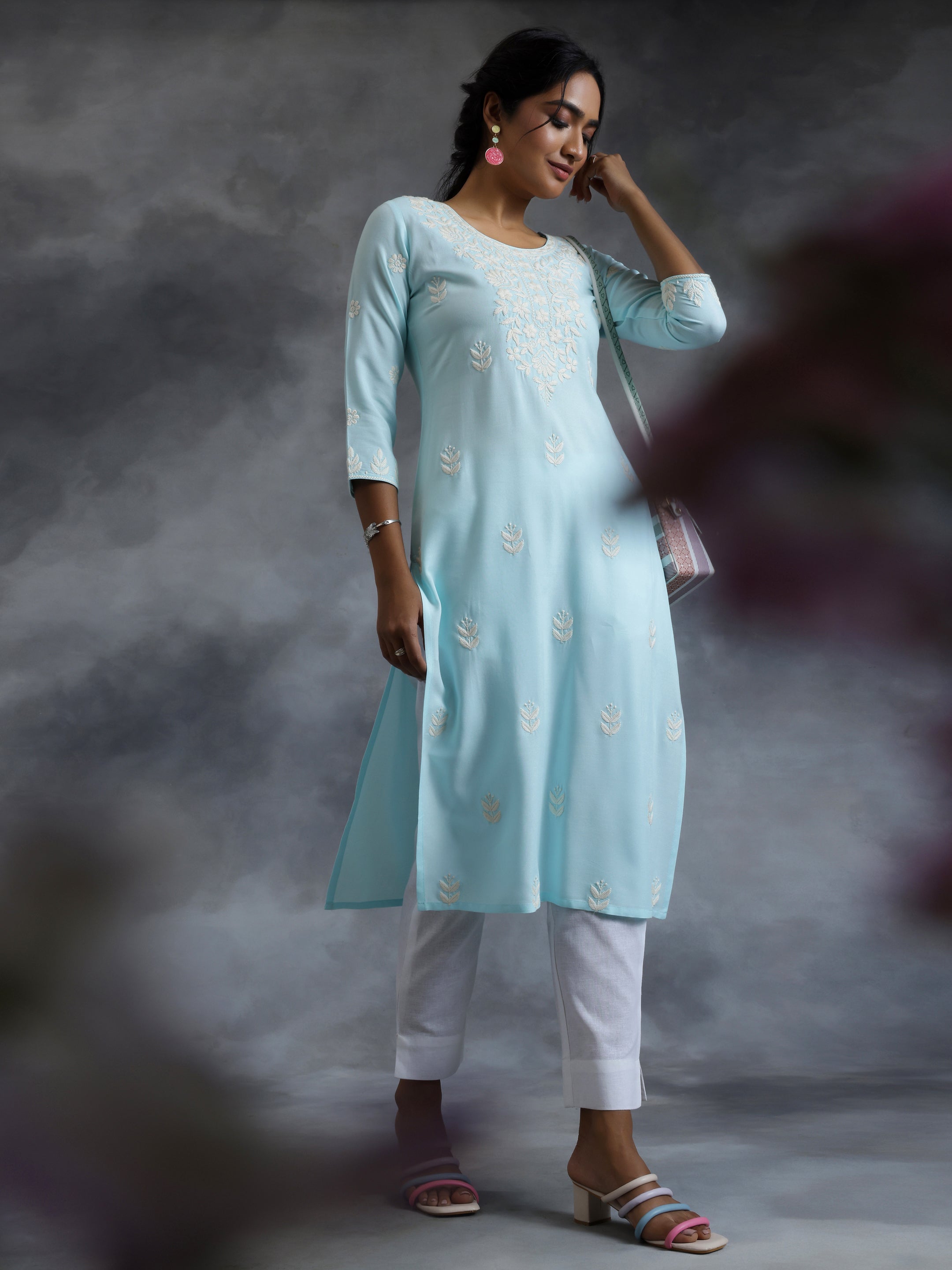 Blue Embroidered Rayon Straight Kurta