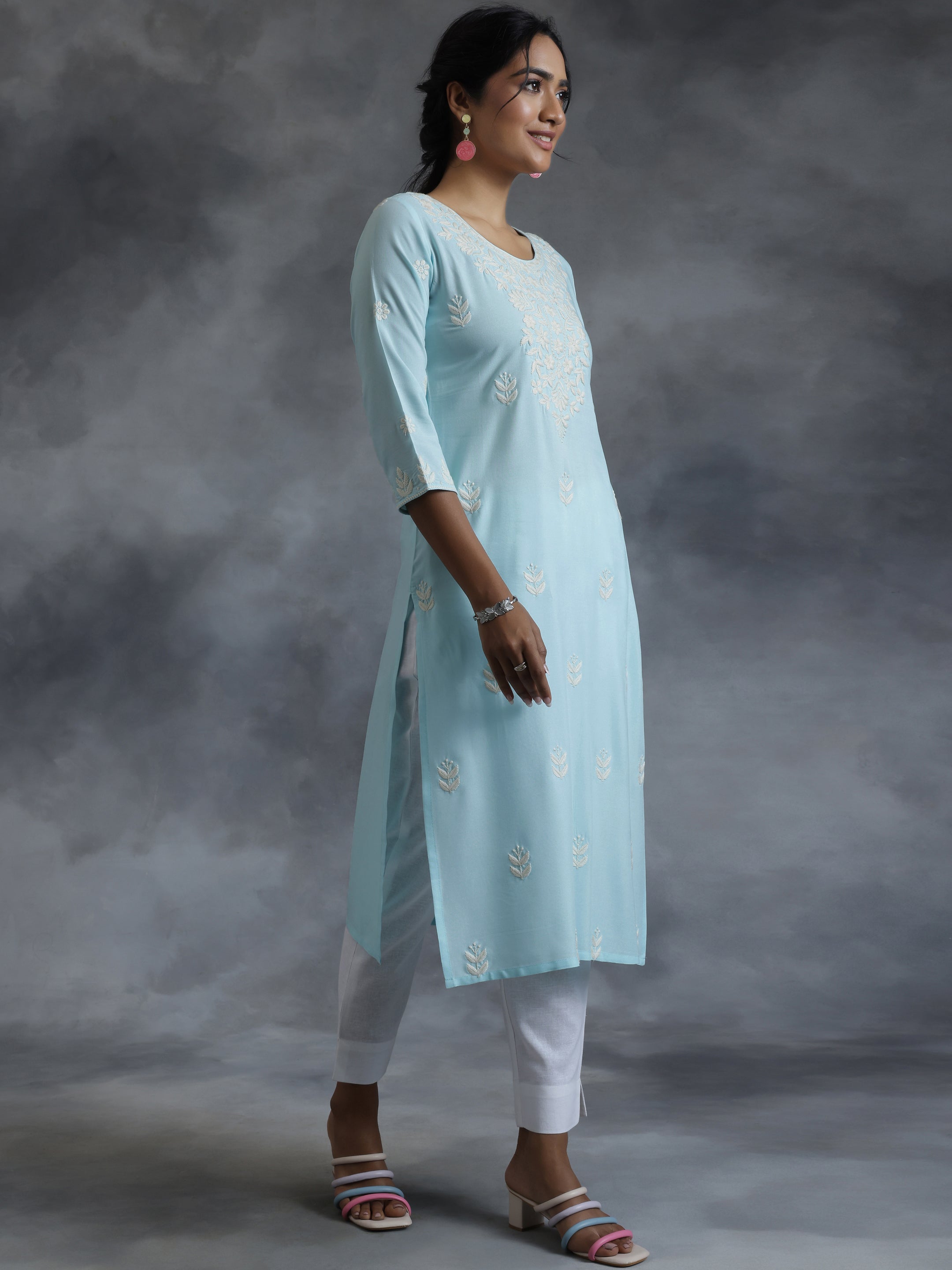 Blue Embroidered Rayon Straight Kurta