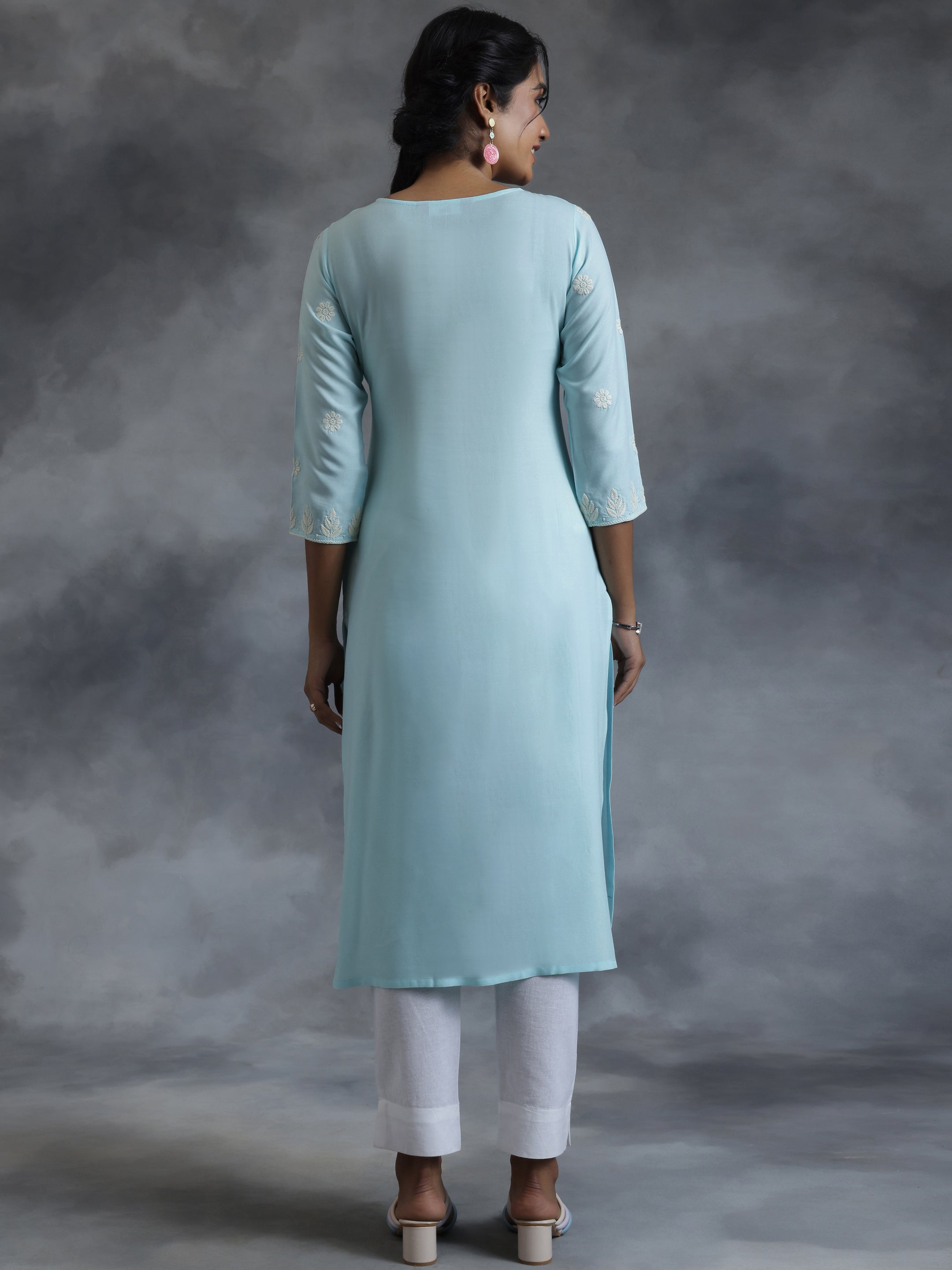 Blue Embroidered Rayon Straight Kurta