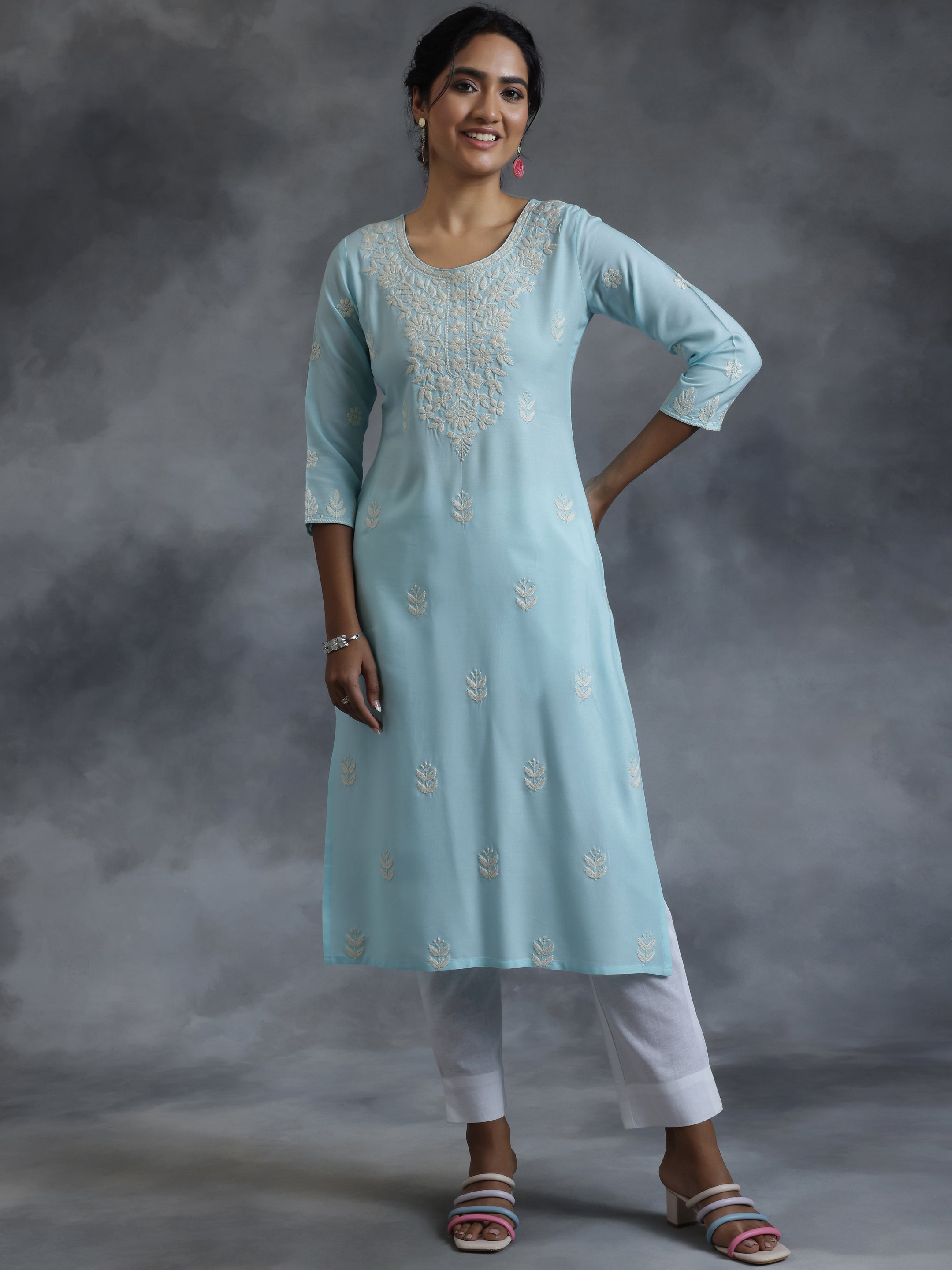 Blue Embroidered Rayon Straight Kurta