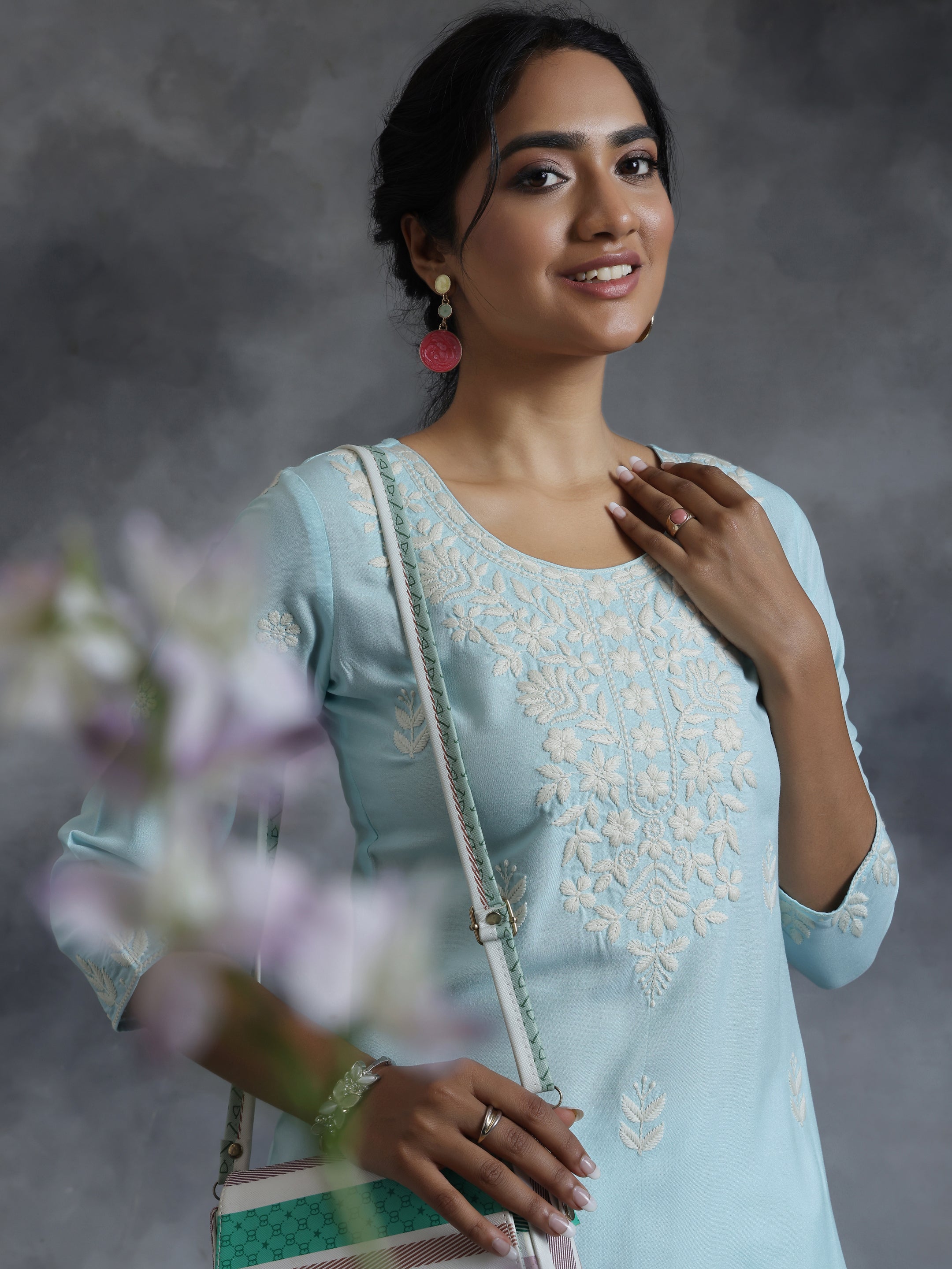 Blue Embroidered Rayon Straight Kurta