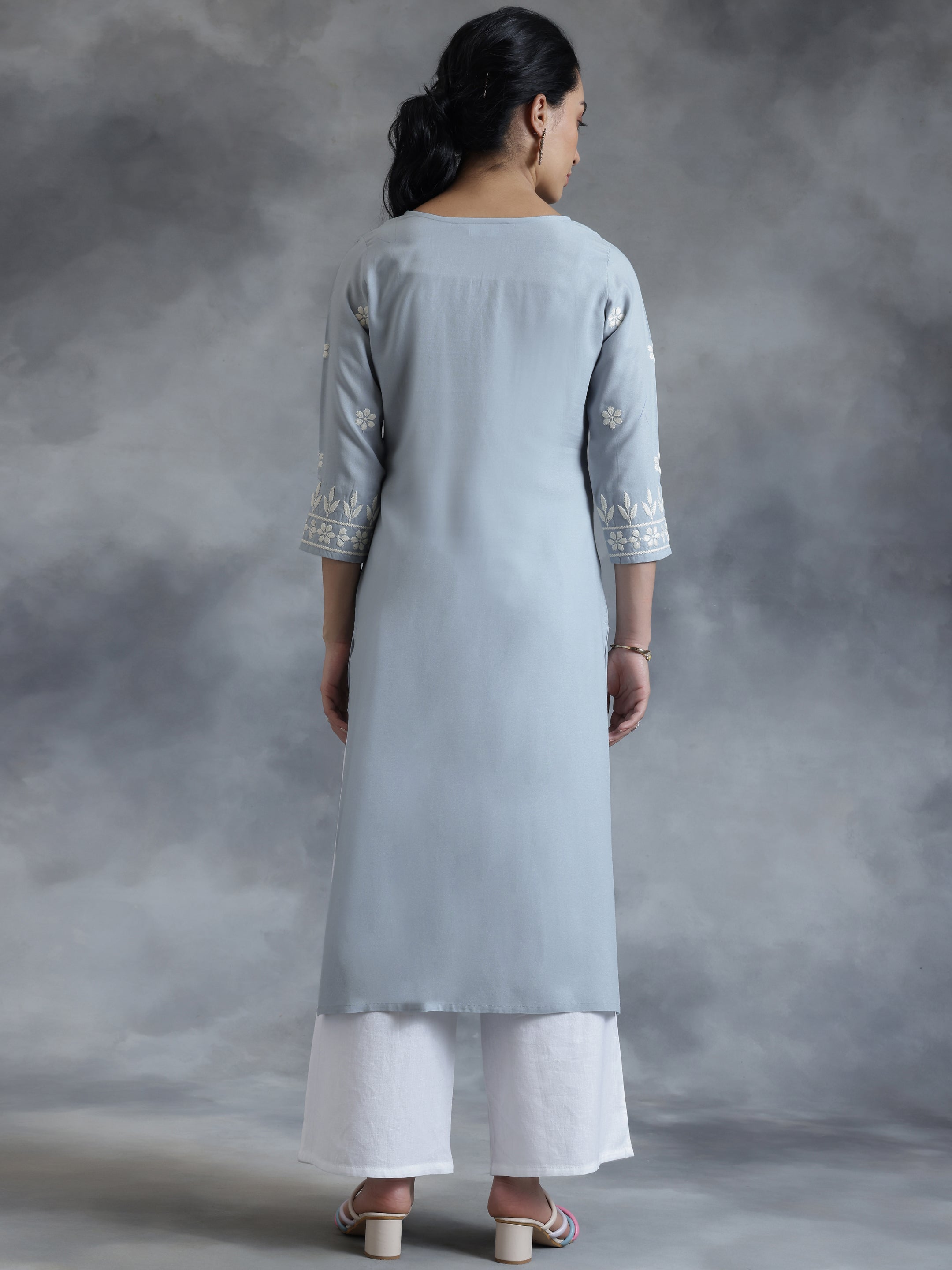 Stone Blue Embroidered Rayon Straight Kurta