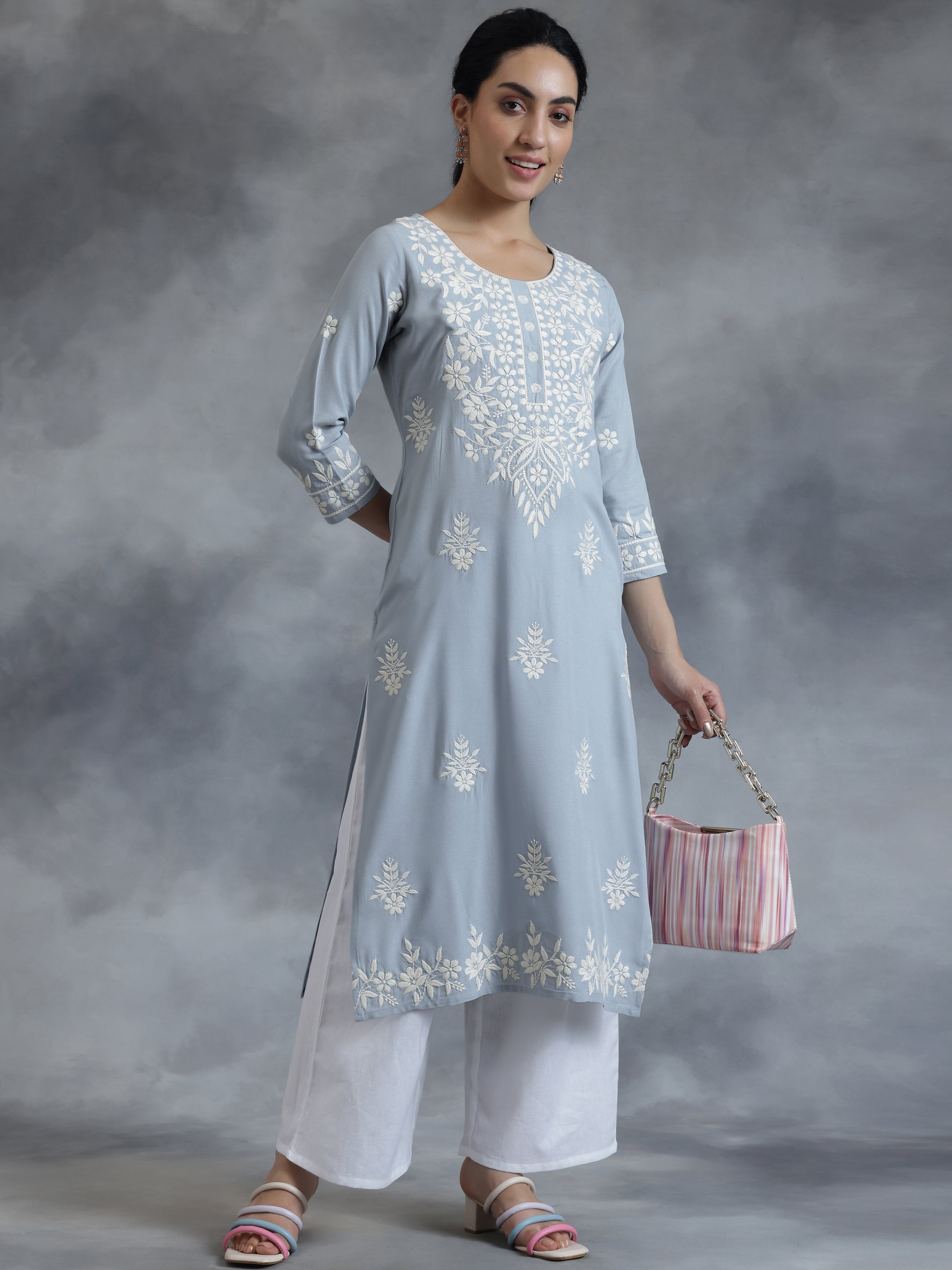 Stone Blue Embroidered Rayon Straight Kurta