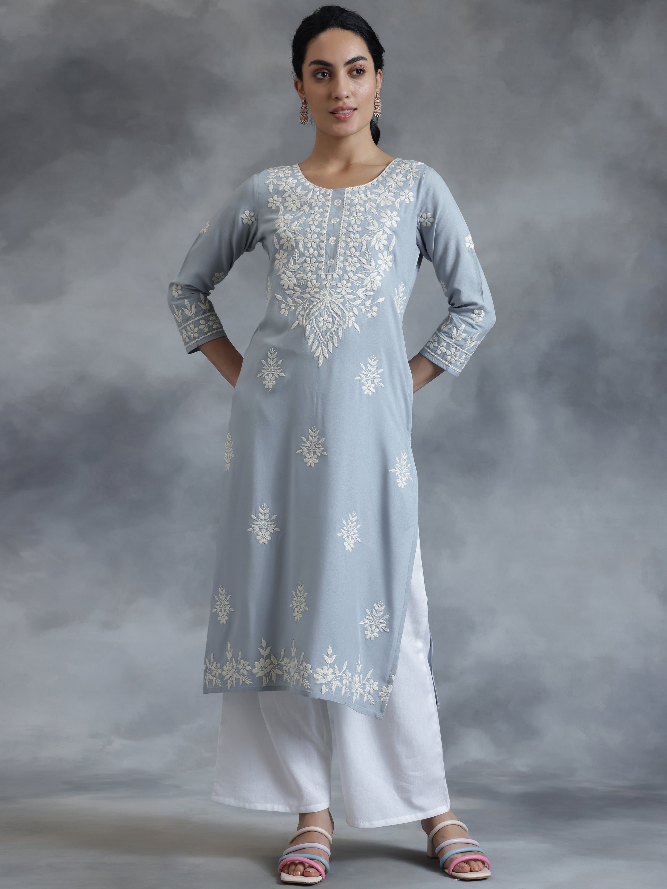 Stone Blue Embroidered Rayon Straight Kurta