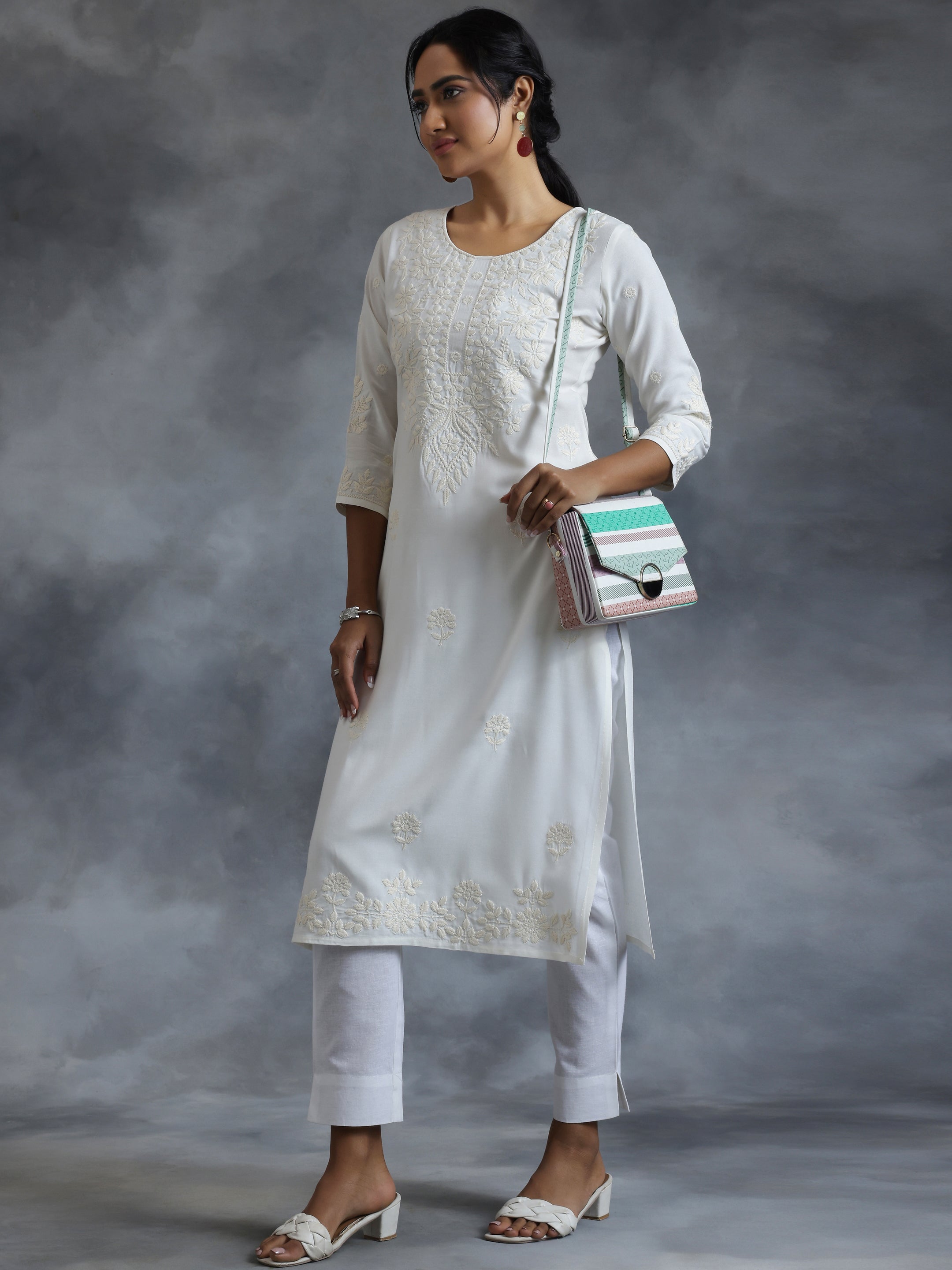 Off White Embroidered Rayon Straight Kurta