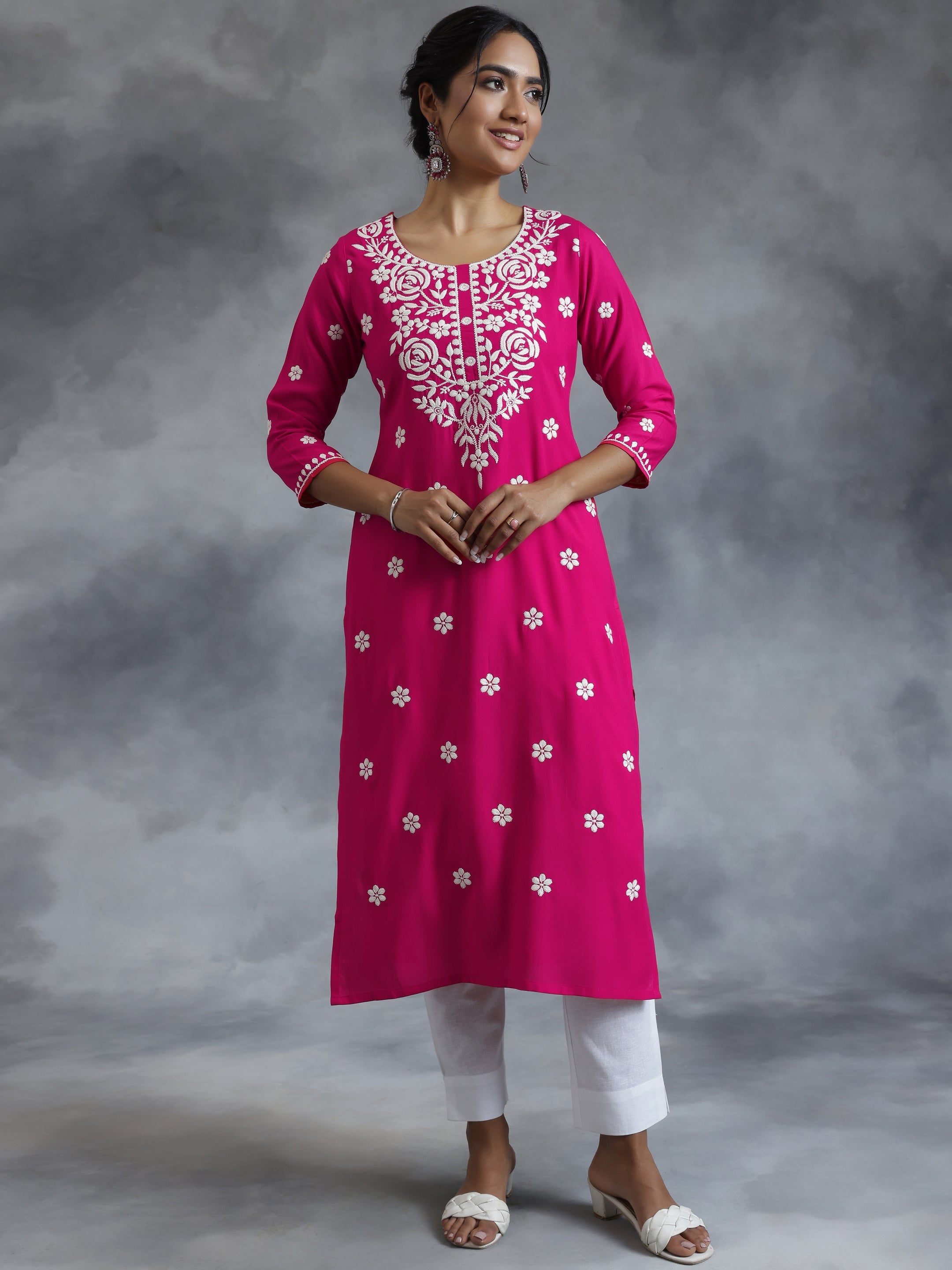 Pink Embroidered Rayon Straight Kurta