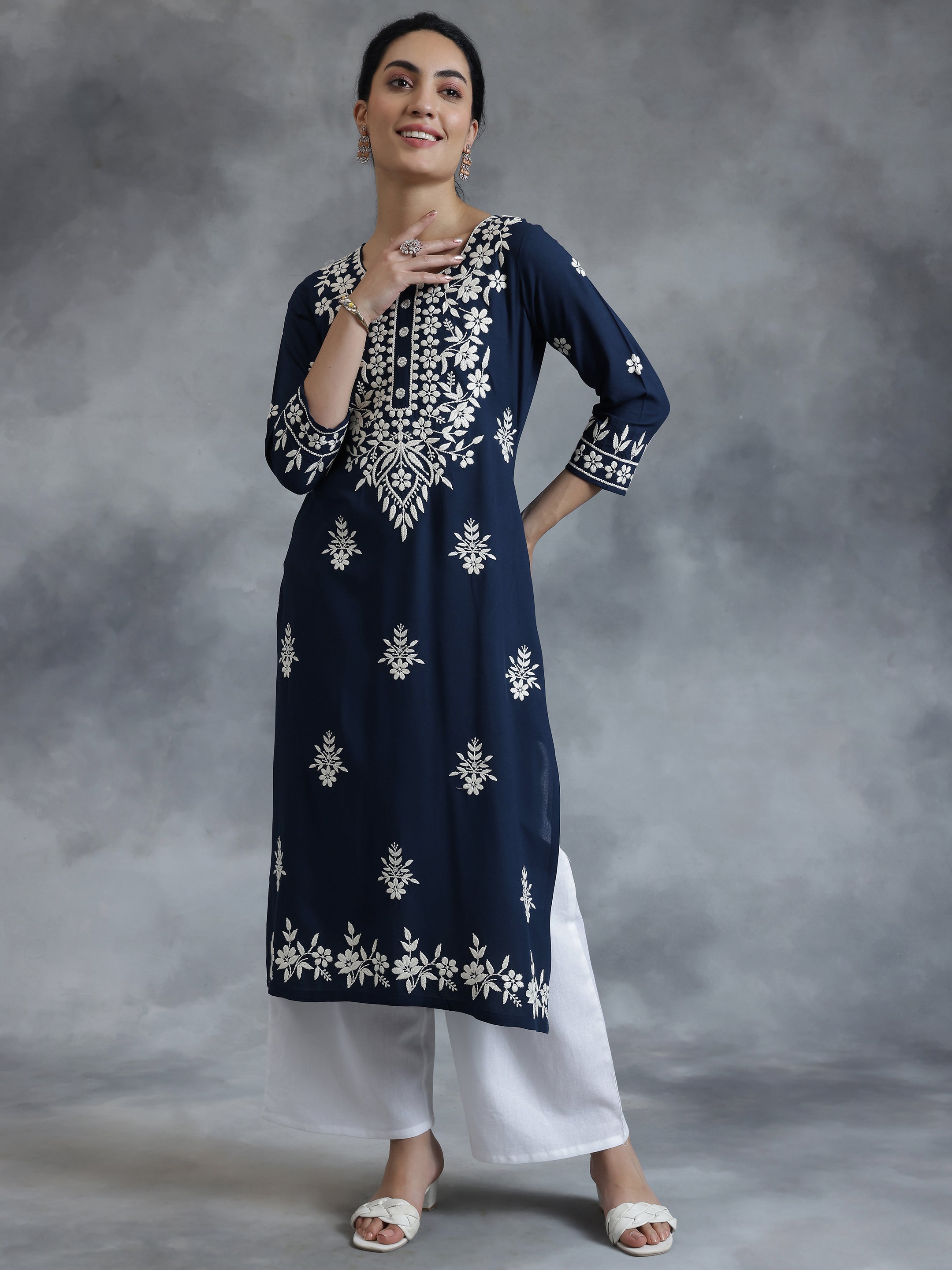 Blue Embroidered Rayon Straight Kurta