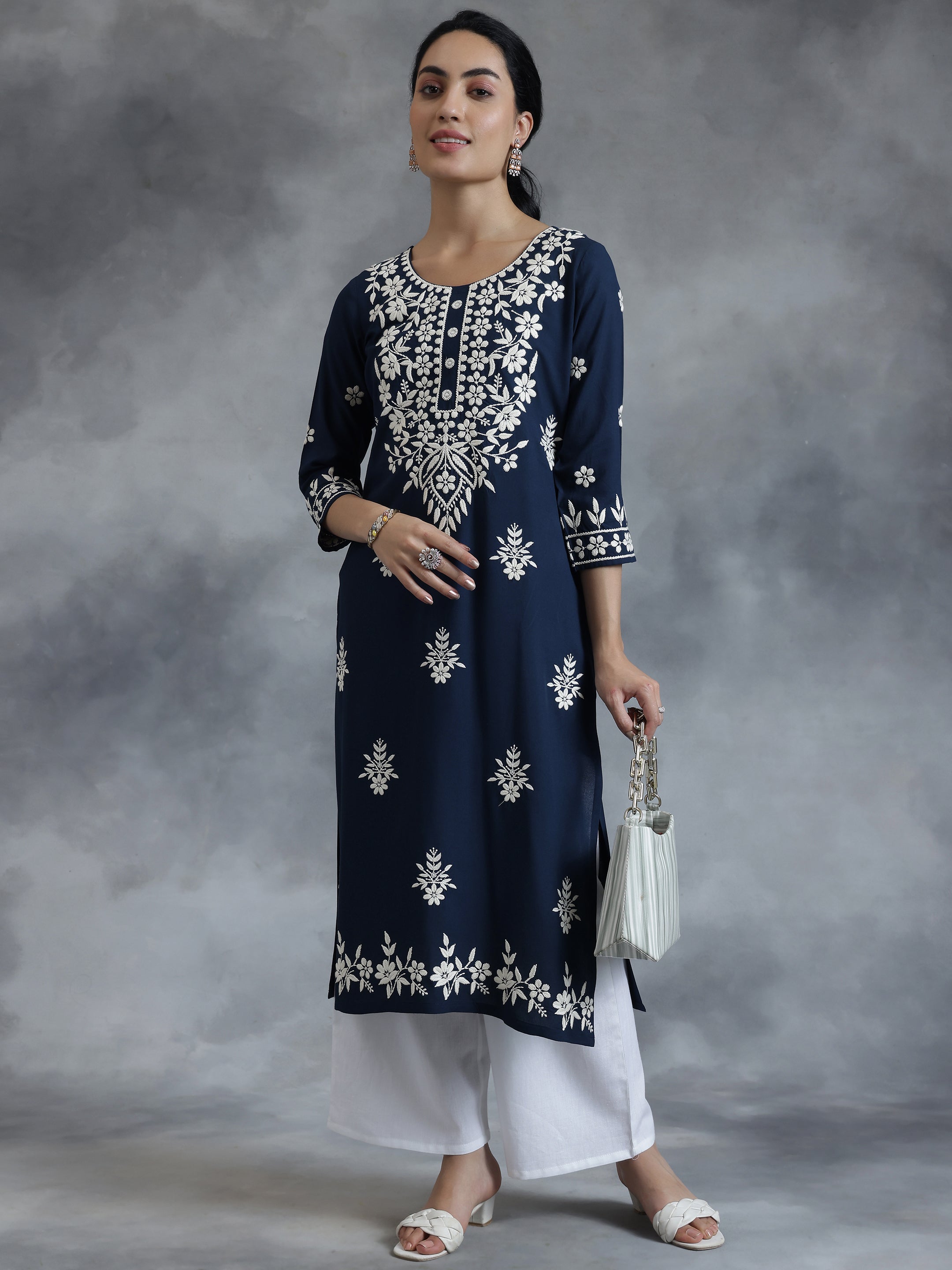 Blue Embroidered Rayon Straight Kurta