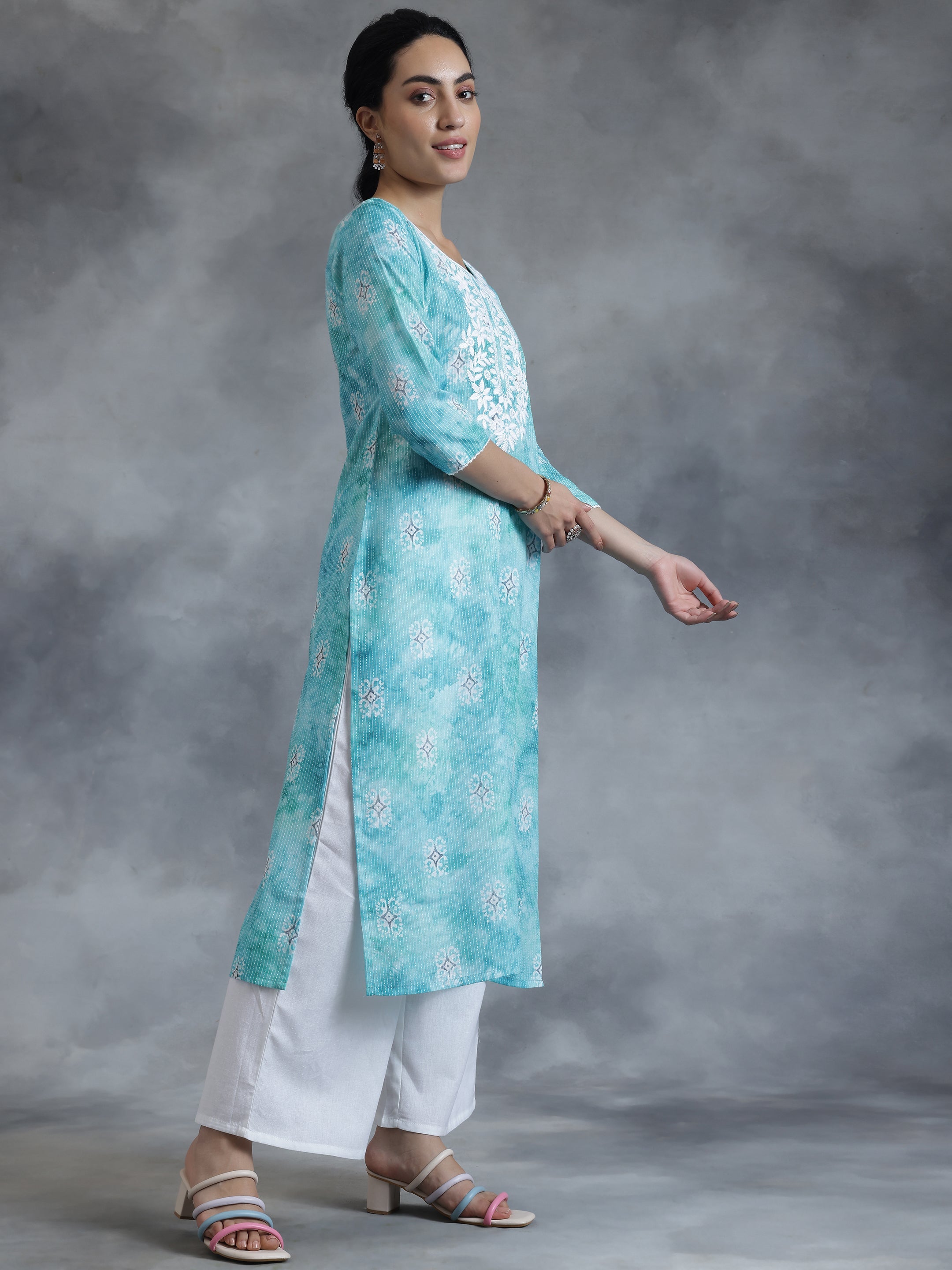 Blue Printed Cotton Straight Kurta