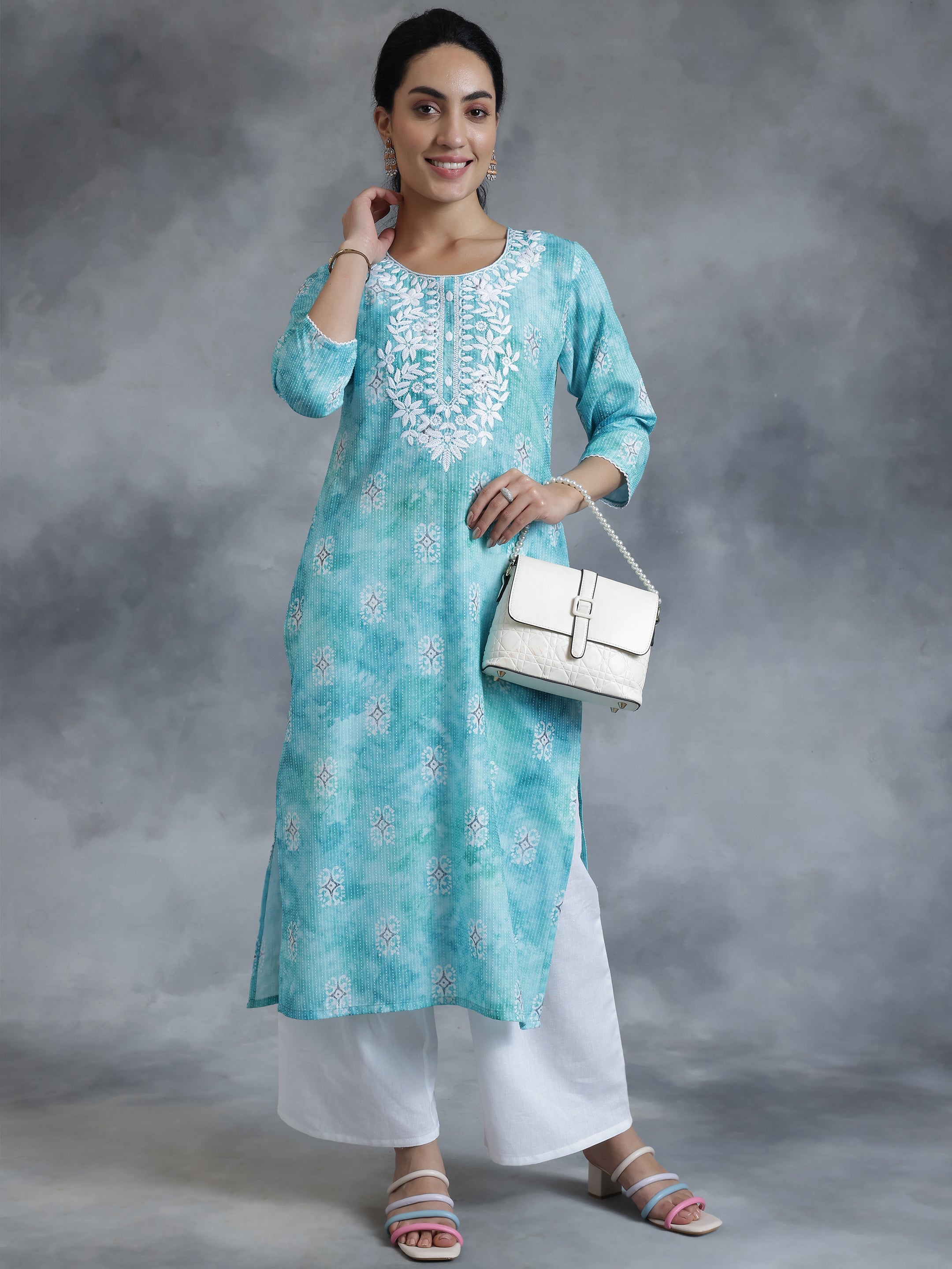 Blue Printed Cotton Straight Kurta