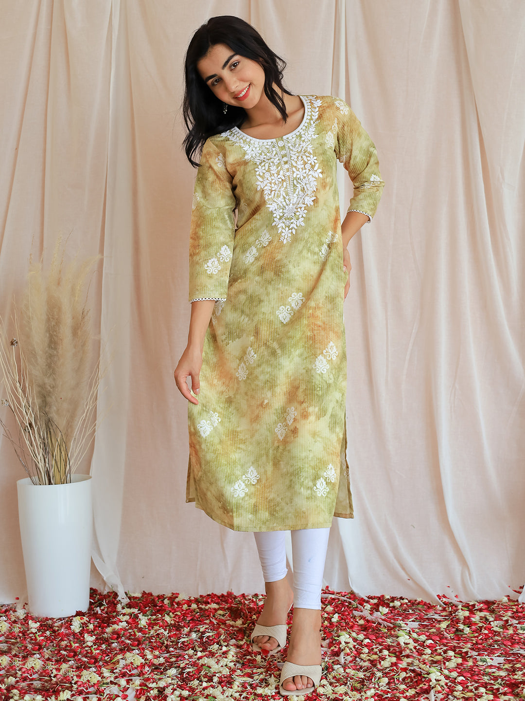 Green Printed Cotton Straight Kurta