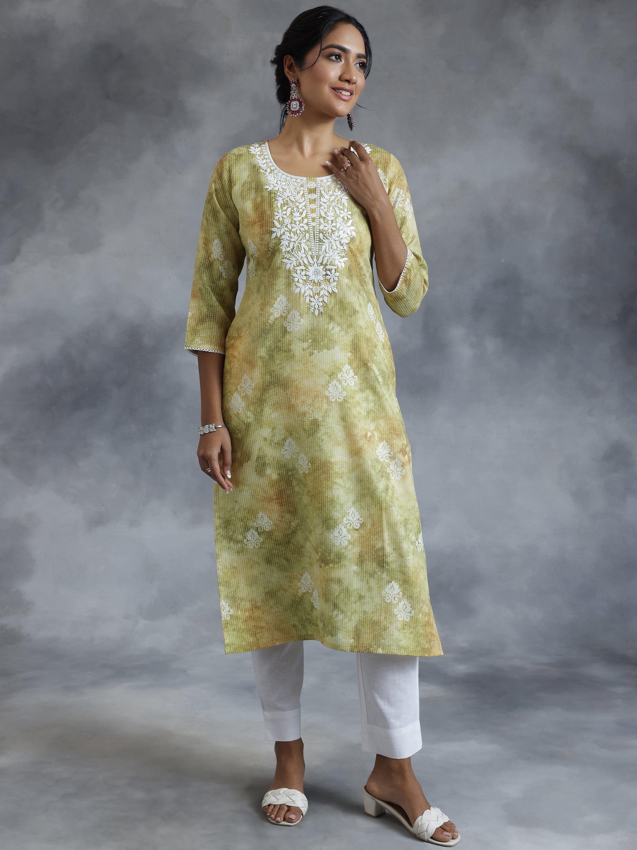 Green Printed Cotton Straight Kurta