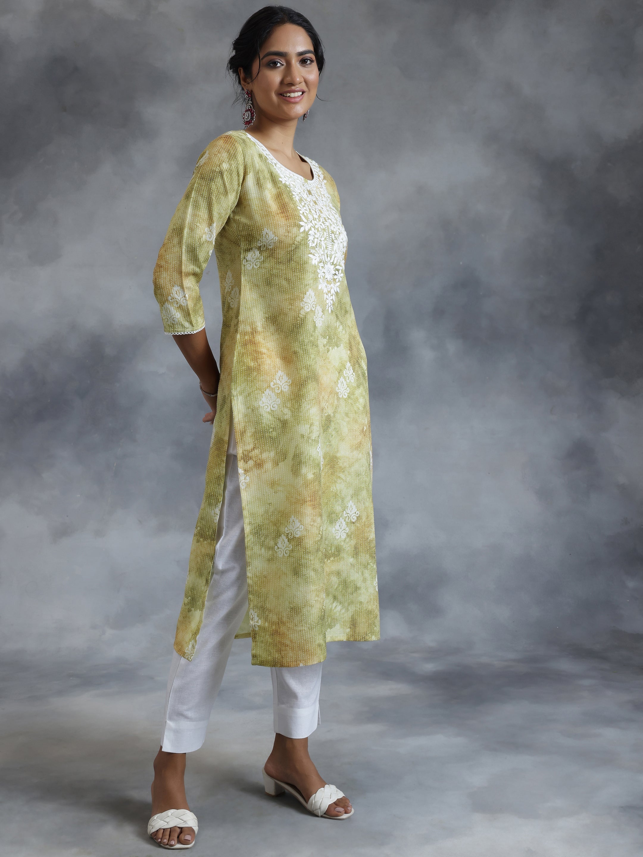 Green Printed Cotton Straight Kurta