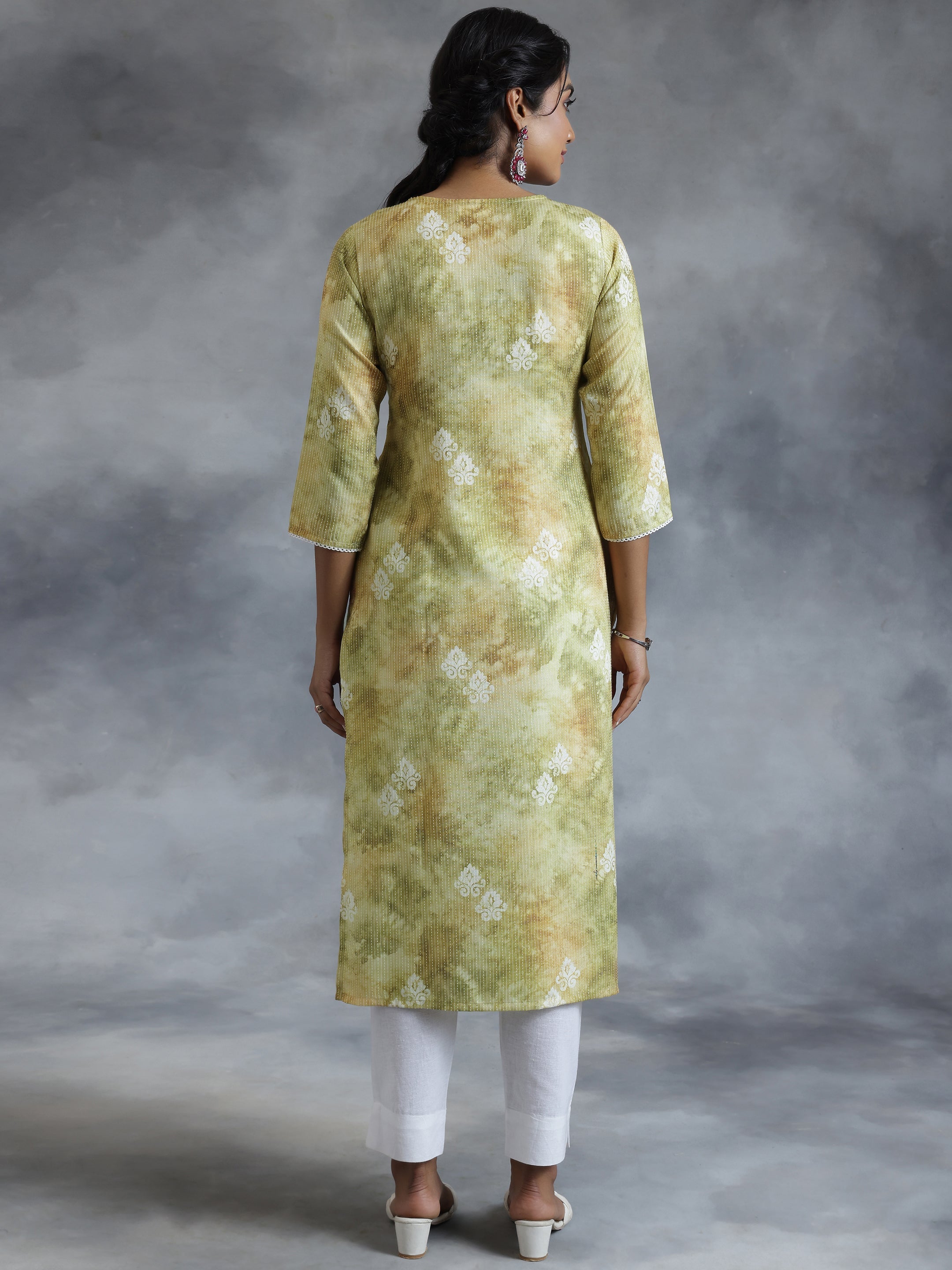 Green Printed Cotton Straight Kurta