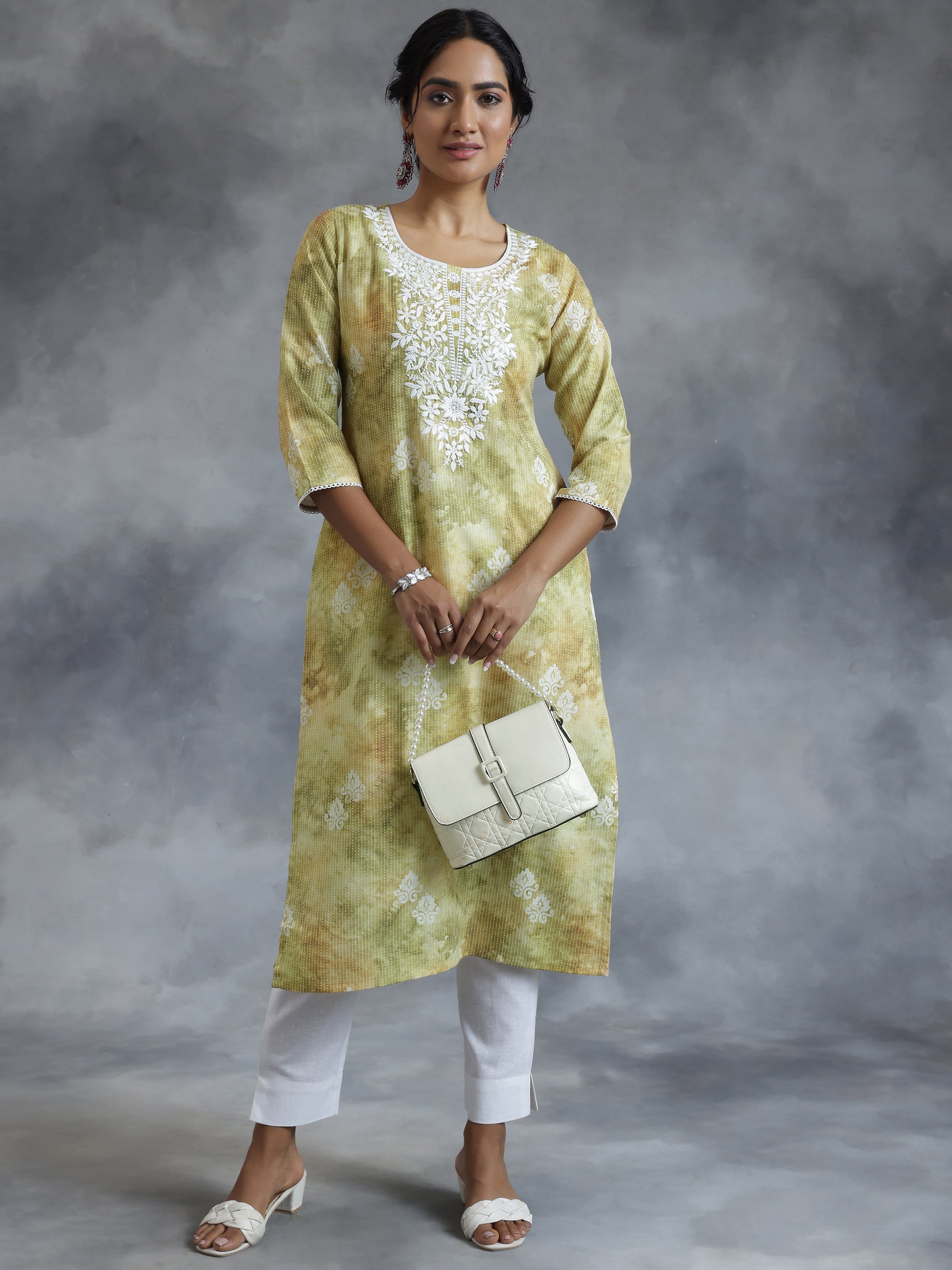 Green Printed Cotton Straight Kurta