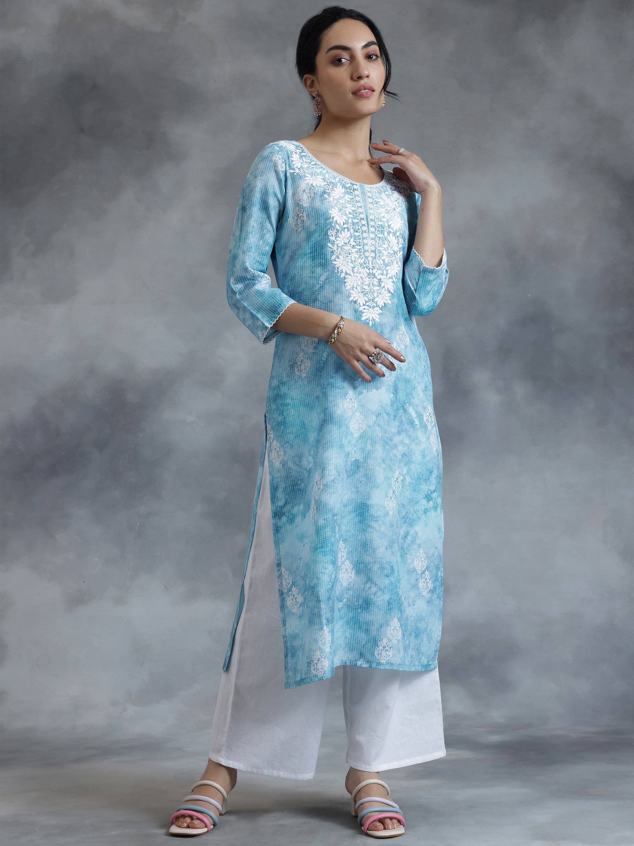 Blue Printed Cotton Straight Kurta