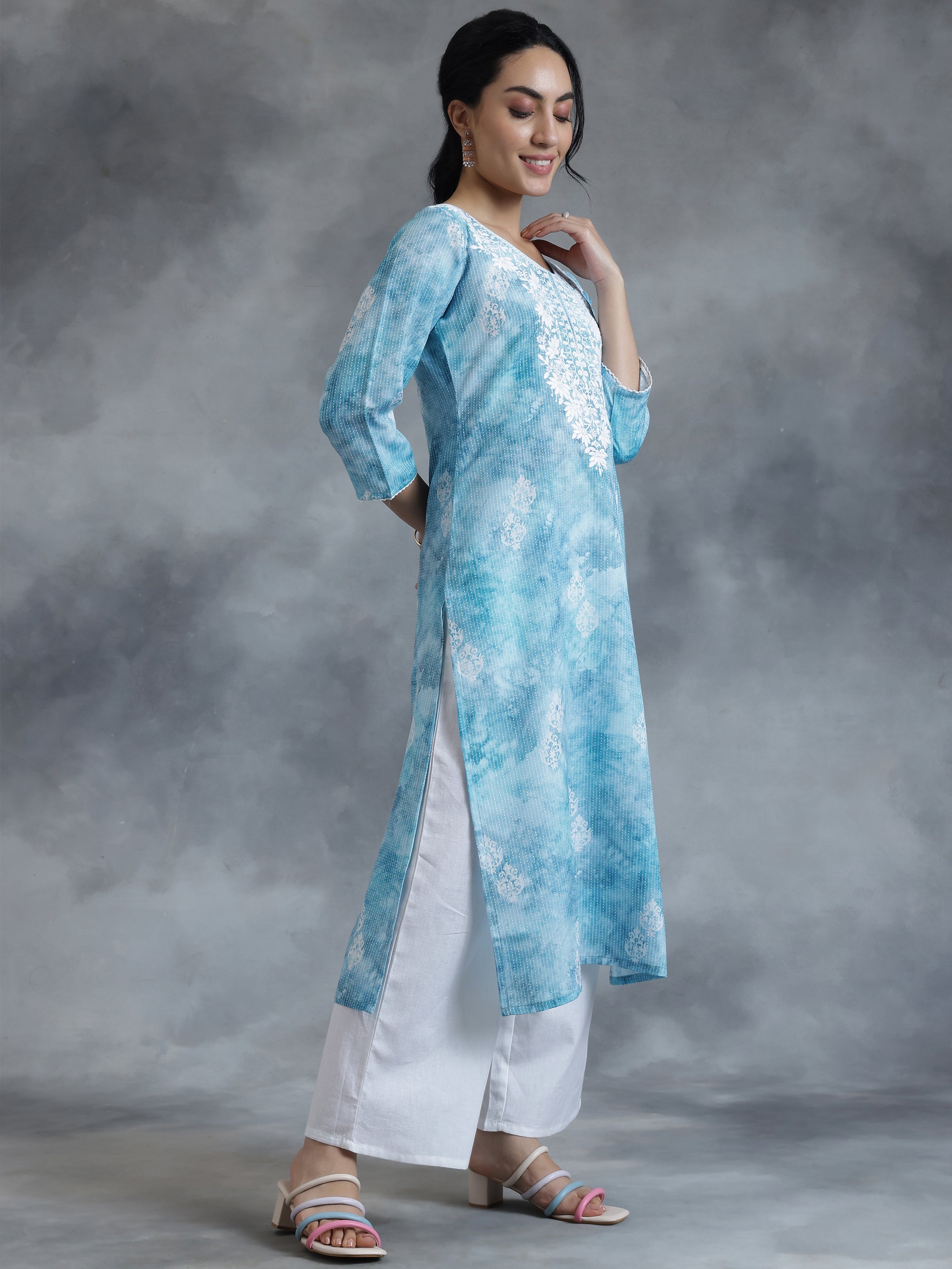 Blue Printed Cotton Straight Kurta