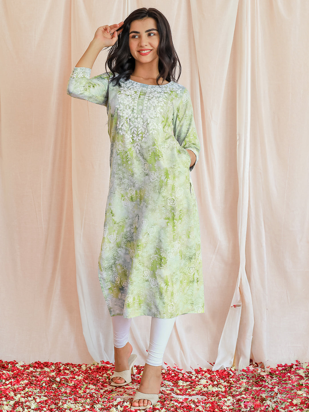 Green Printed Cotton Straight Kurta