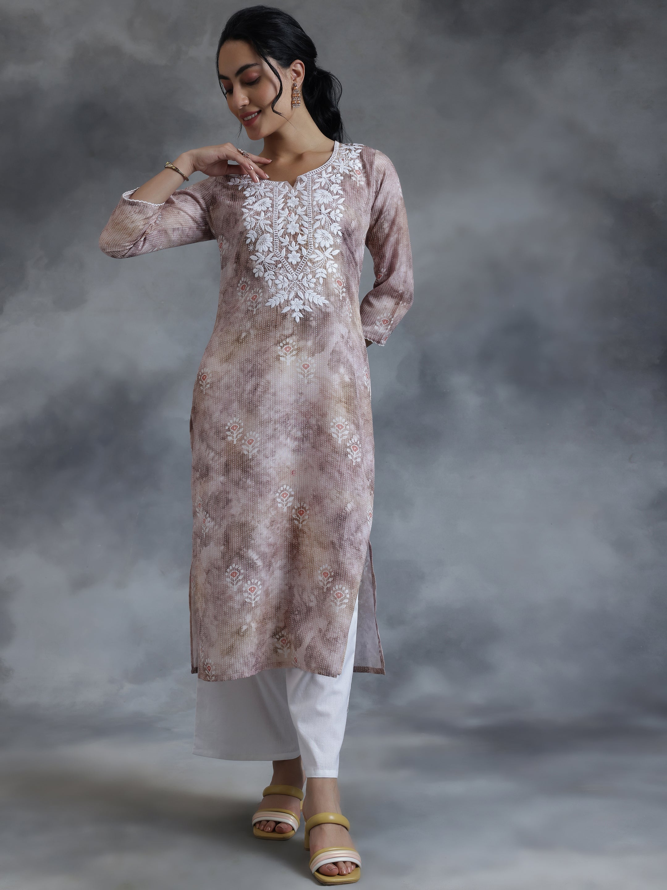 Taupe Printed Cotton Straight Kurta