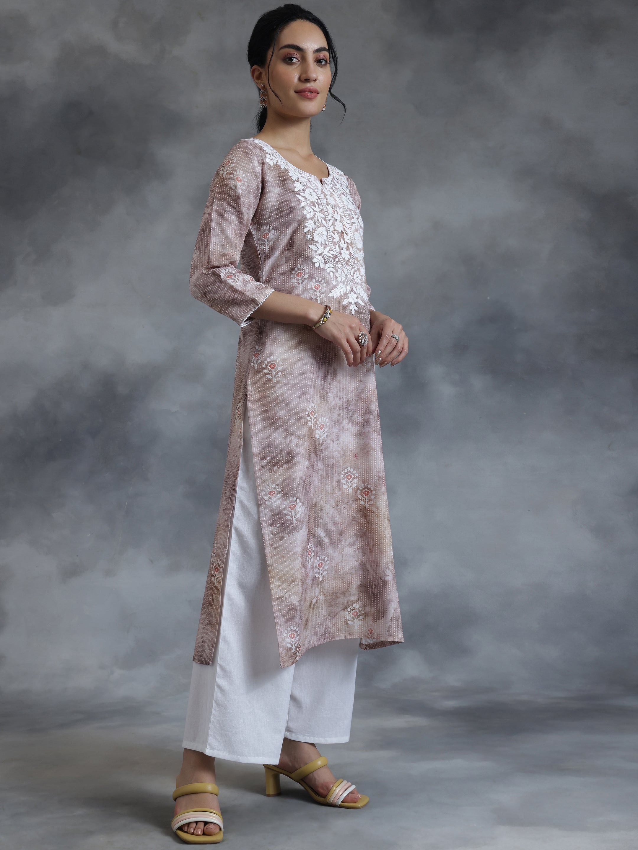 Taupe Printed Cotton Straight Kurta