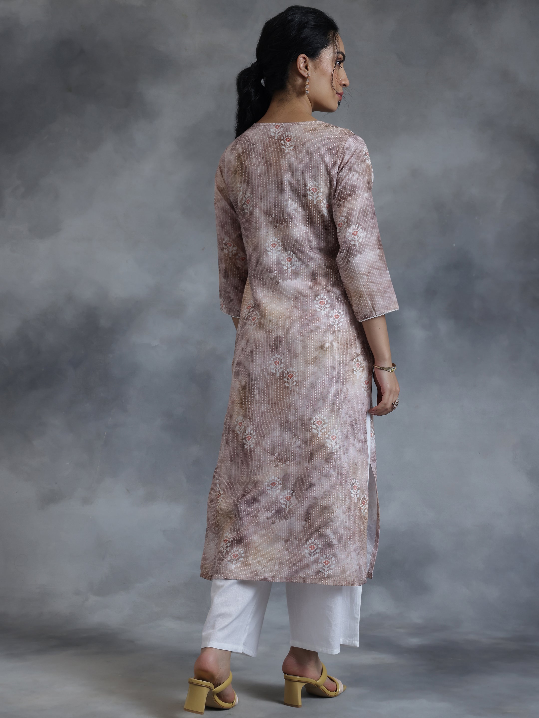 Taupe Printed Cotton Straight Kurta