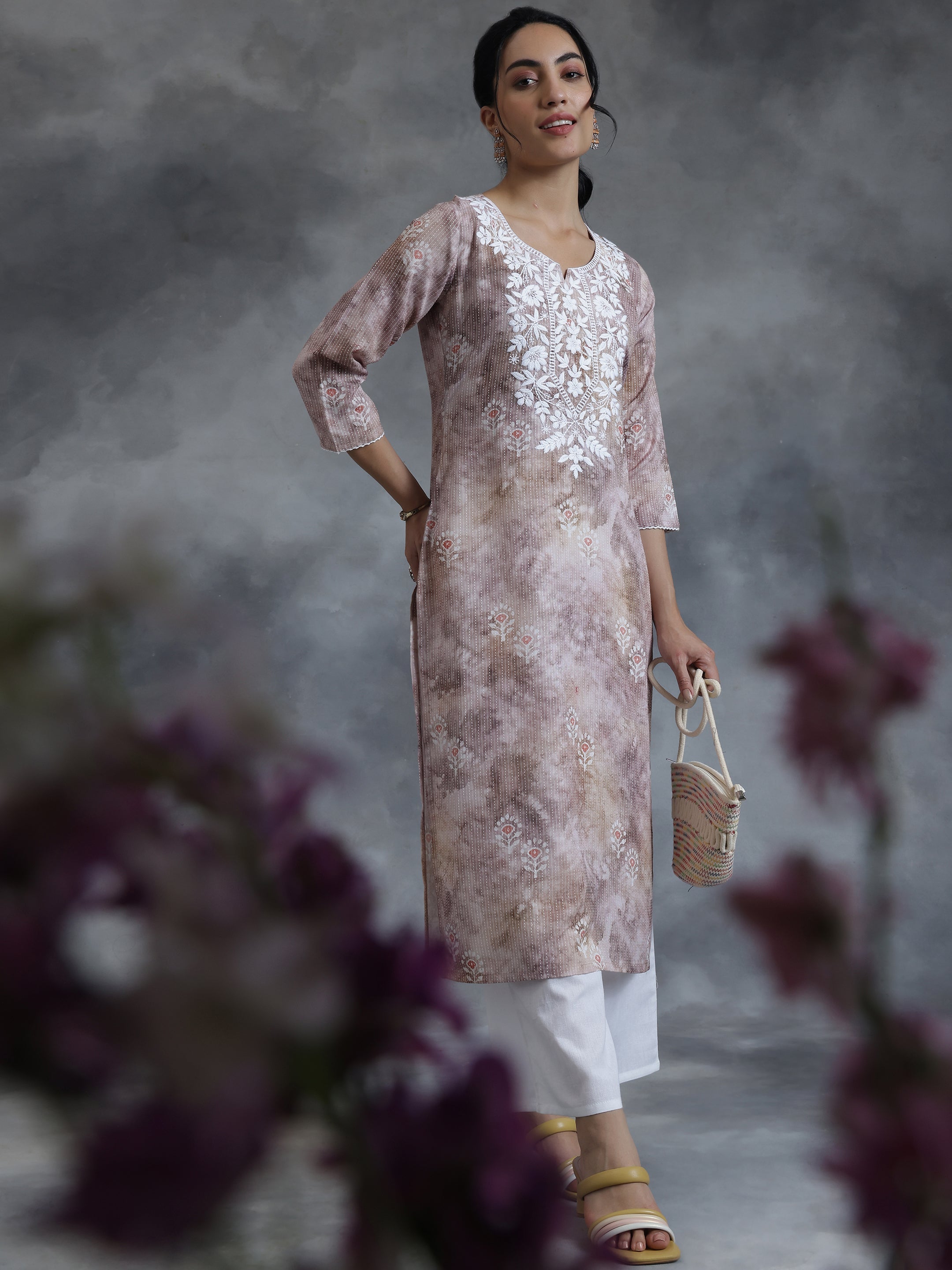 Taupe Printed Cotton Straight Kurta