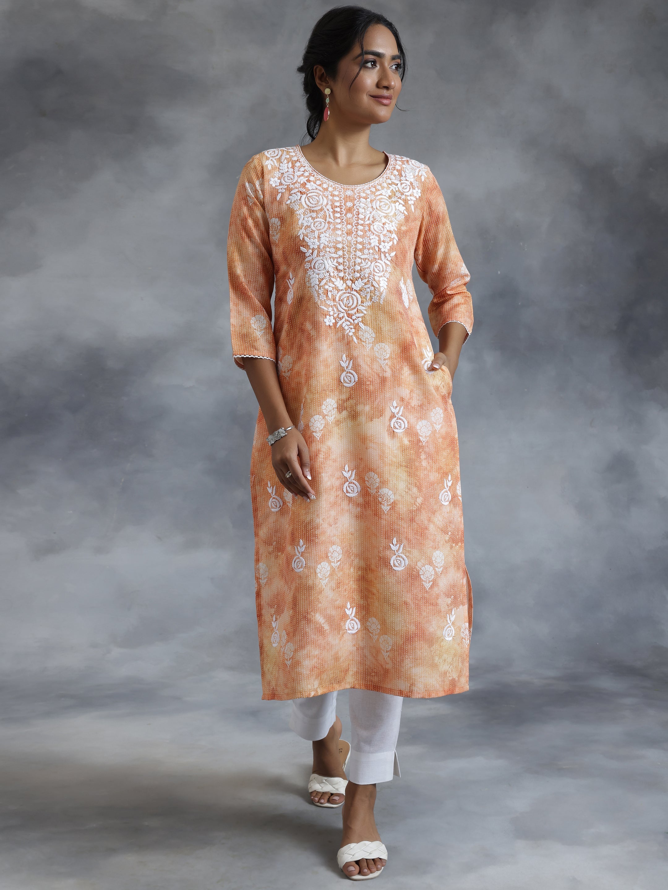 Rust Embroidered Cotton Straight Kurta