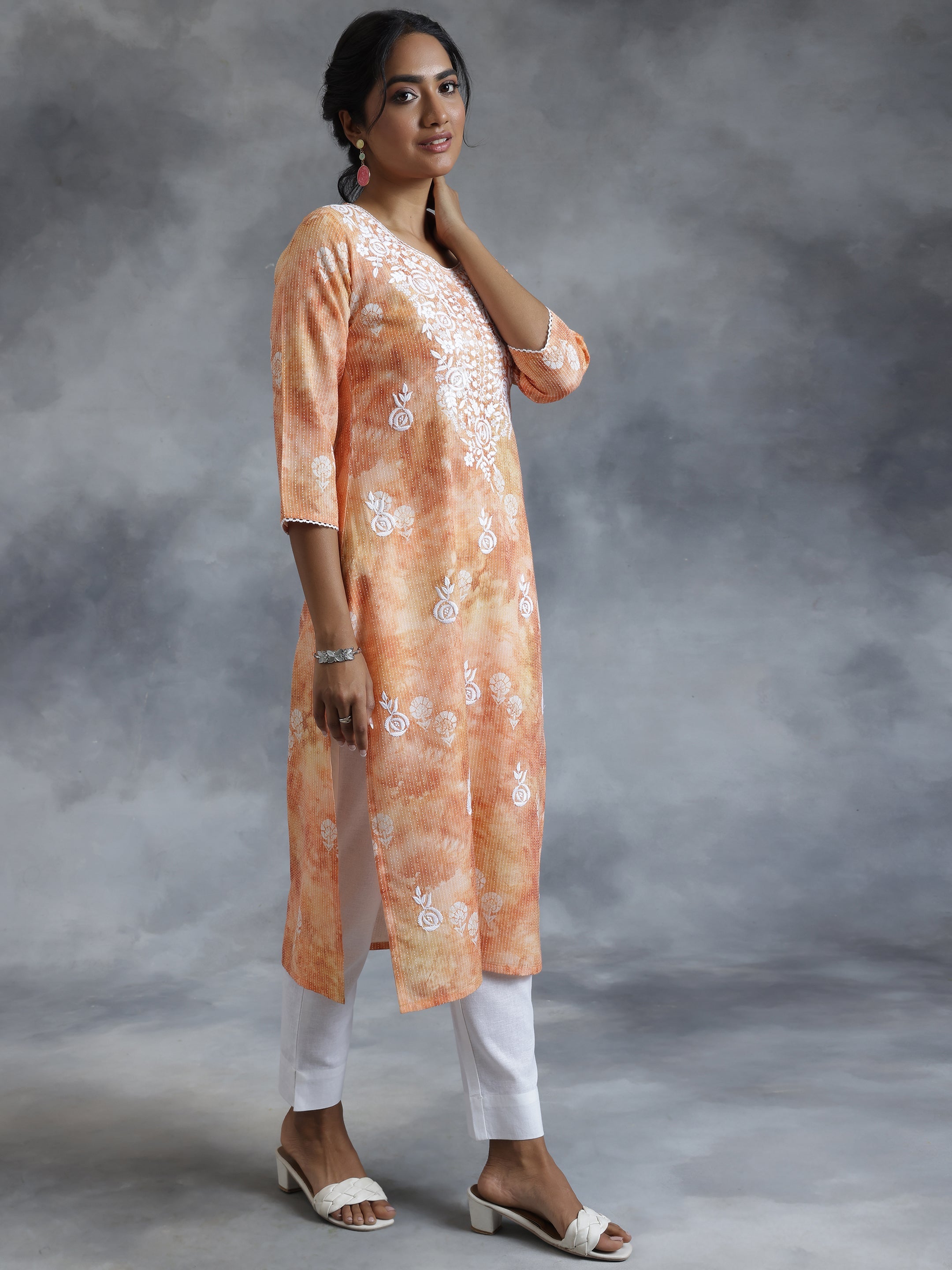 Rust Embroidered Cotton Straight Kurta