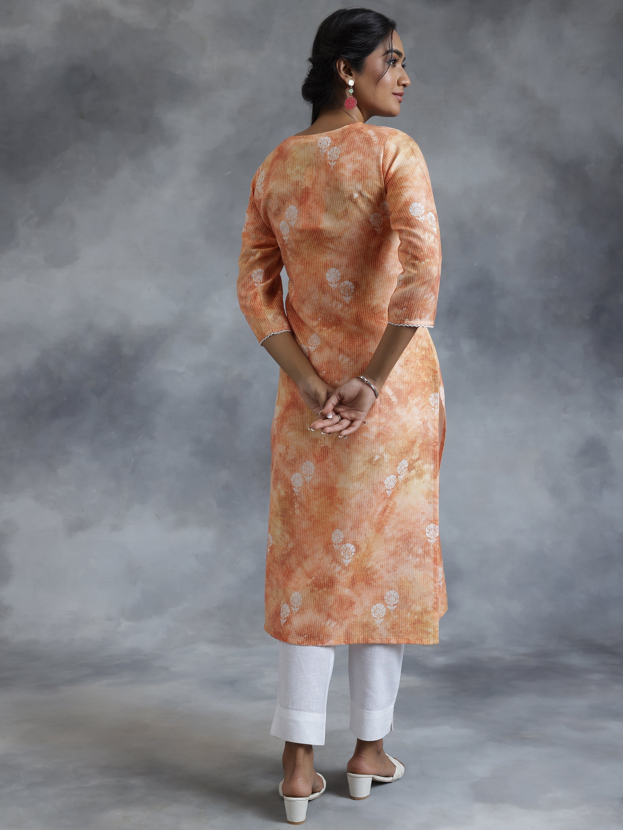 Rust Embroidered Cotton Straight Kurta