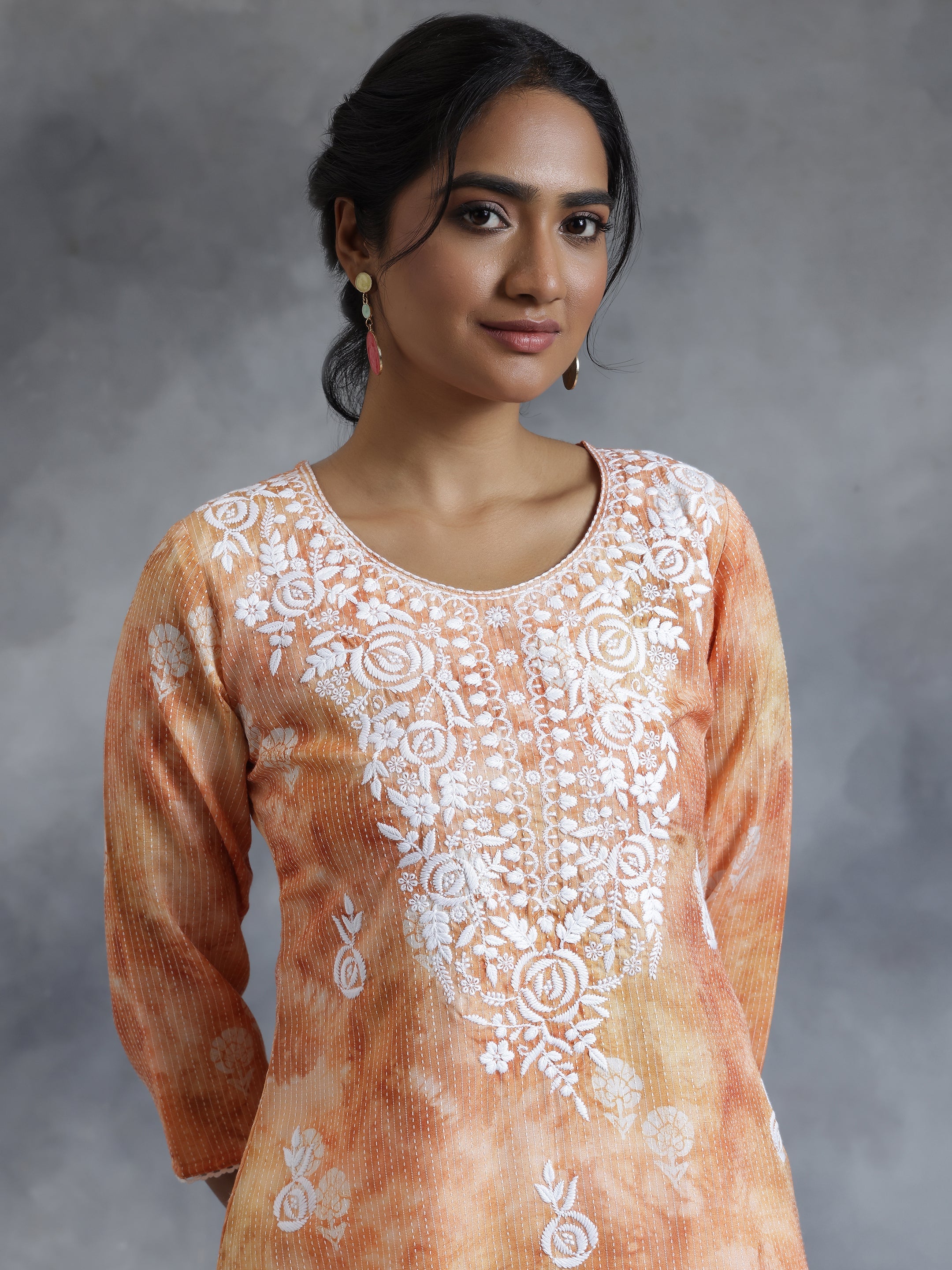 Rust Embroidered Cotton Straight Kurta